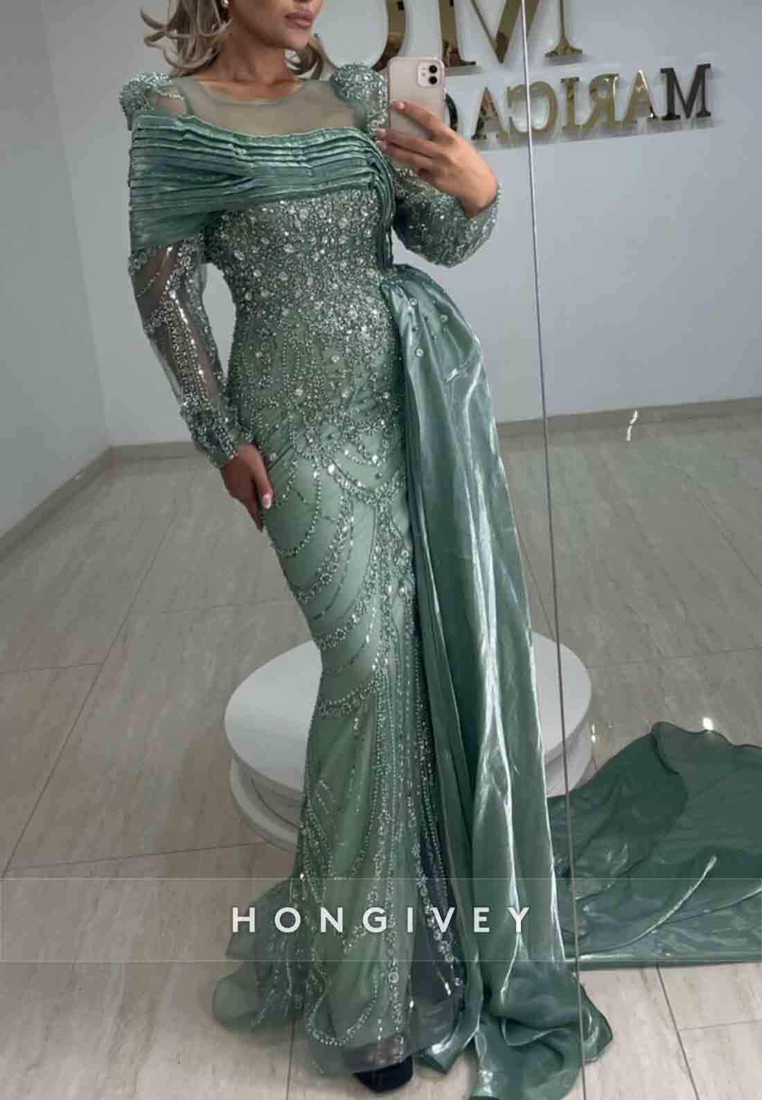 Side Draping Shawl Long Sleeves Beading Floor-Length Mermaid Evening Gowns