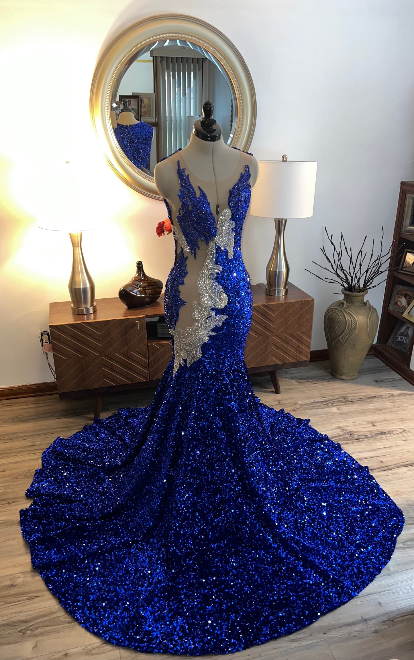 Blue Sequins Sparkle Sleeveless Mermaid Floor-Length Prom Dress