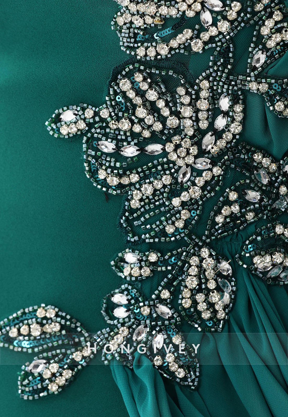 Teal Side Draping Long Sleeves High Neck Column Ankle-Length Evening Gowns