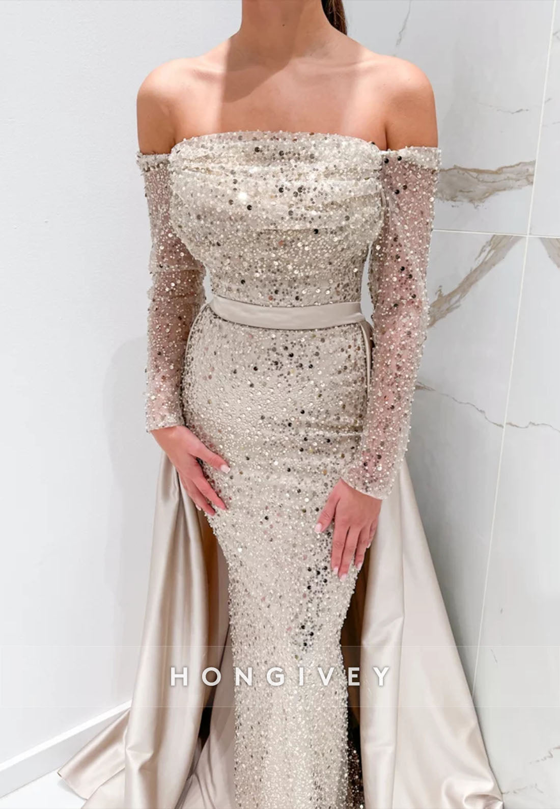 Sequined Detachable Off the Shoulder Pleated Floor-Length Sheath Evening Gown