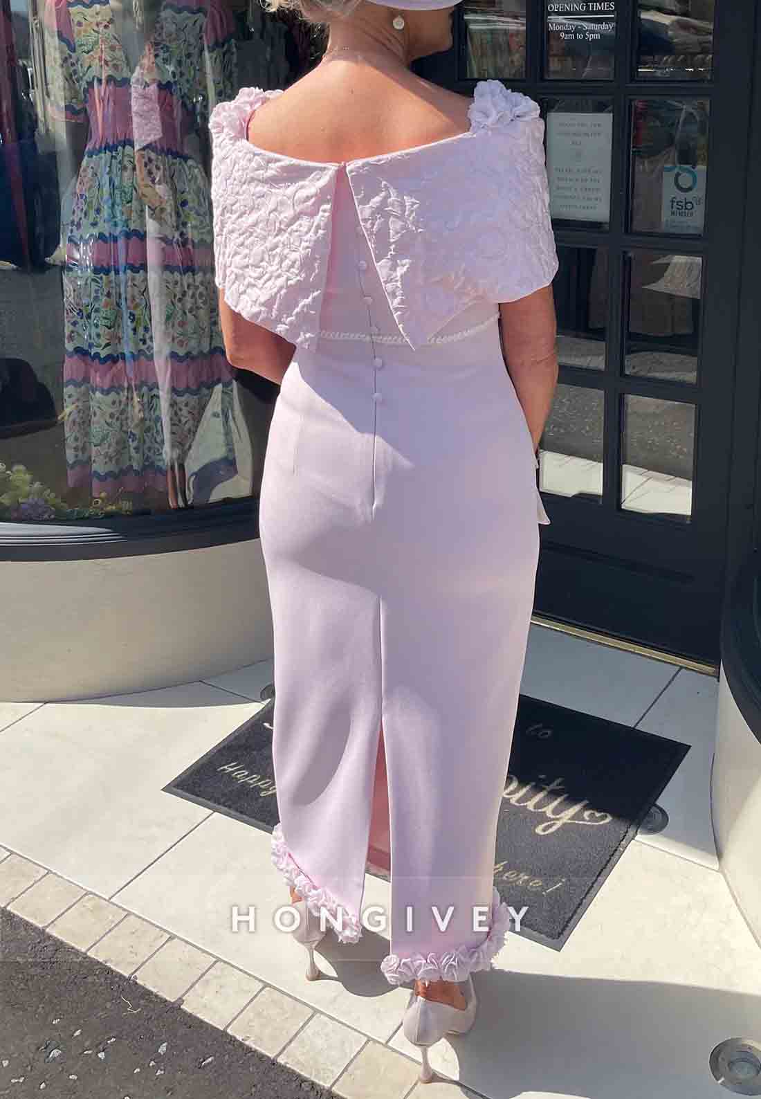 Shoulder Flowers Shawl Column Ankle-Length Trim Mother of Bride Dress