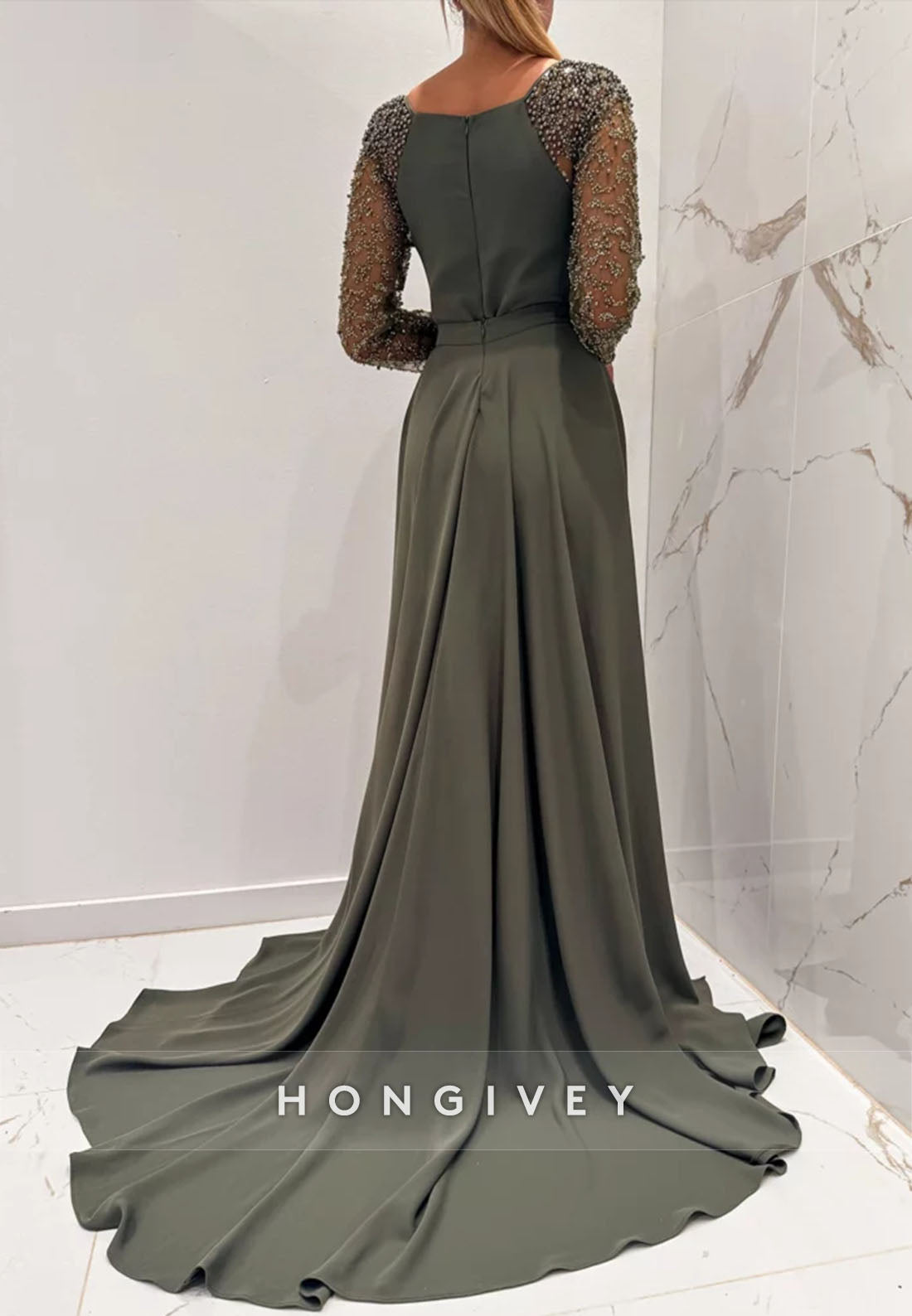 Detachable Evening Gown Sheath Floor-Length Watteau Train Long Sleeve Formal Dresses