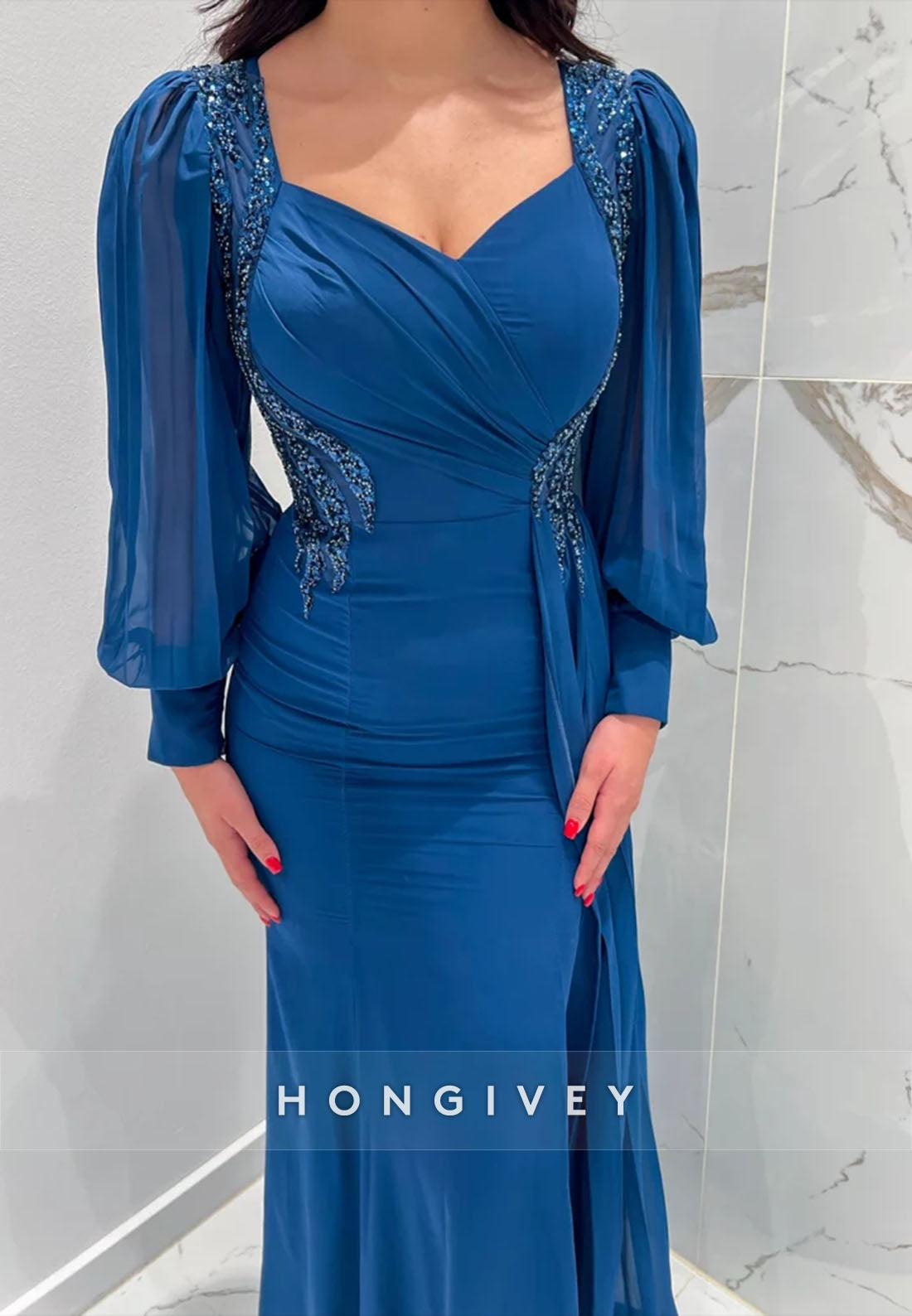 Pleated Long Sleeve Side Draping Ruffles Appliqued Floor-Length Evening Gown