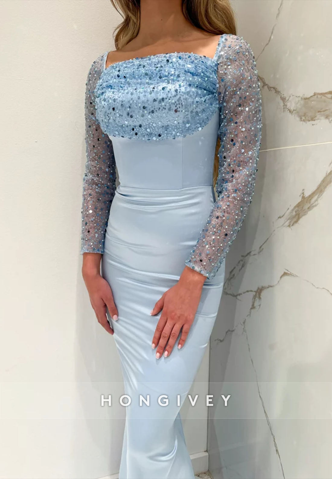 Light Blue Satin Long Sleeves Floor-Length Sequined Mermaid Evening Gowns