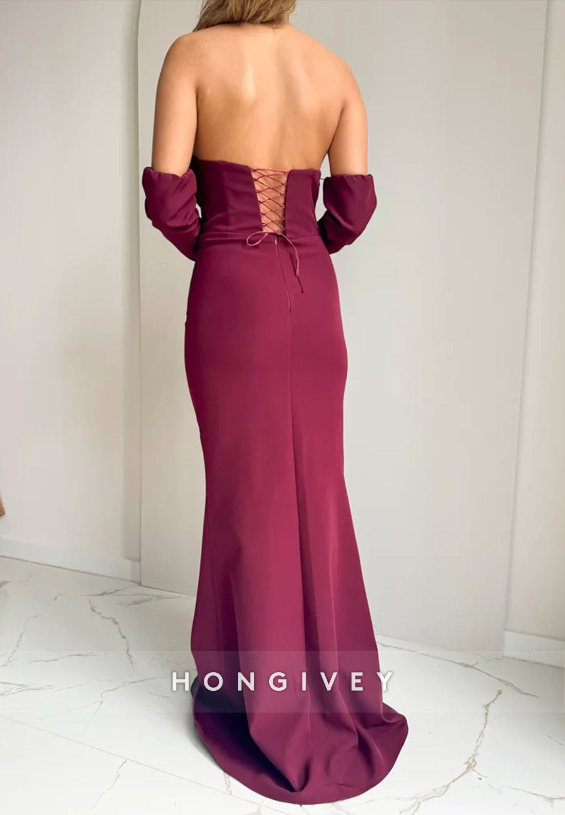 Burgundy Strapless Floor-Length Crisscross Back Mermaid Evening Gowns