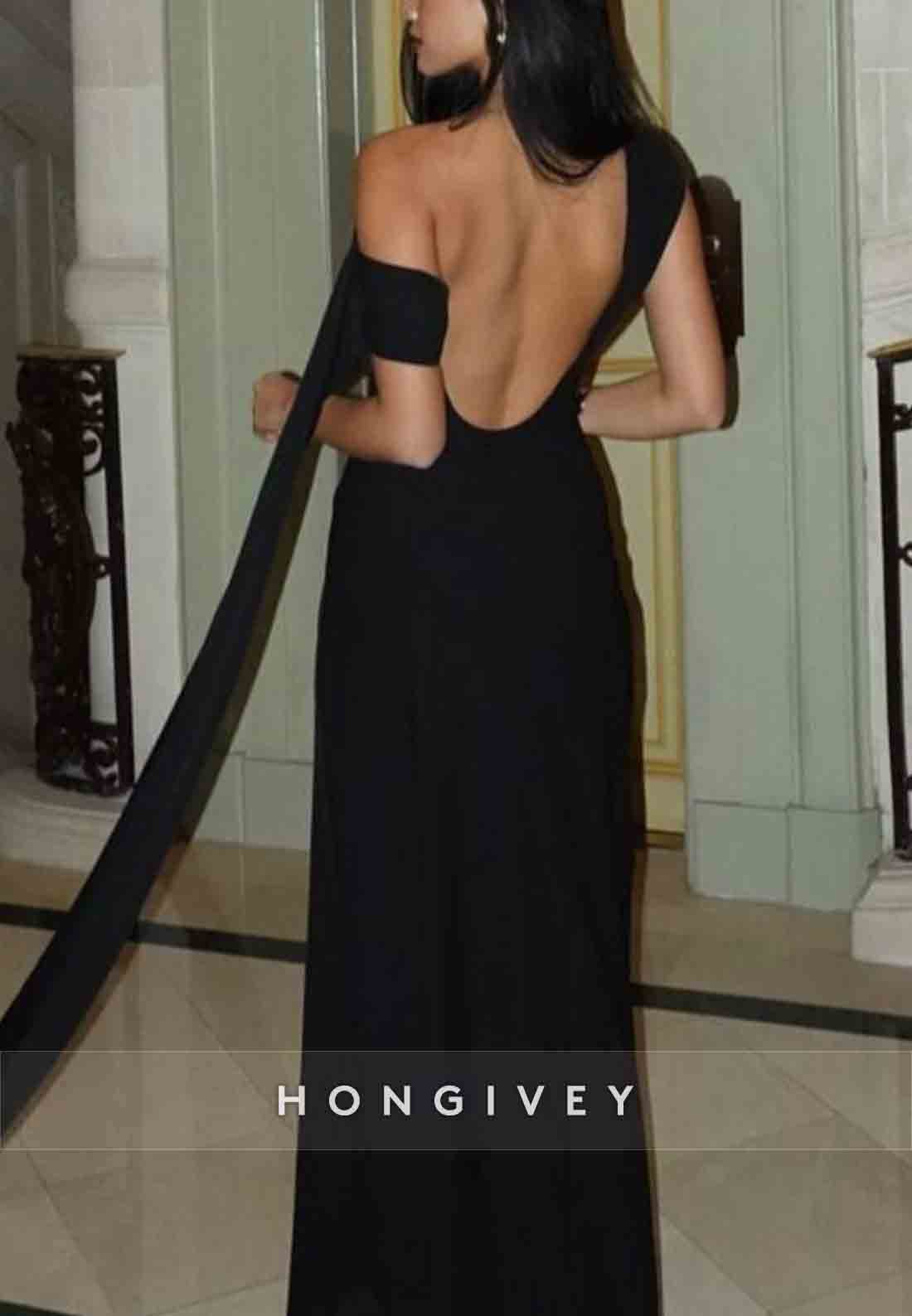 Side Draping Column Floor-Length One Shoulder Low Back Evening Gown