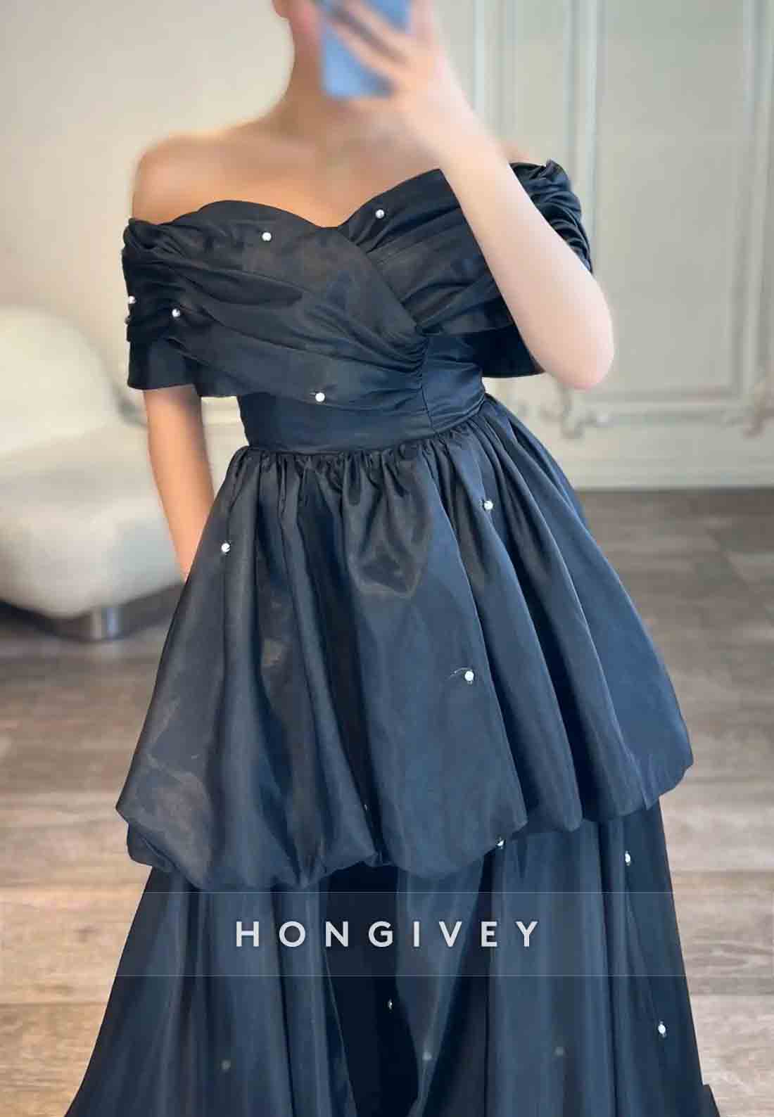 Tie Back A-line Sweep Train Off the Shoulder Pleated Evening Gown