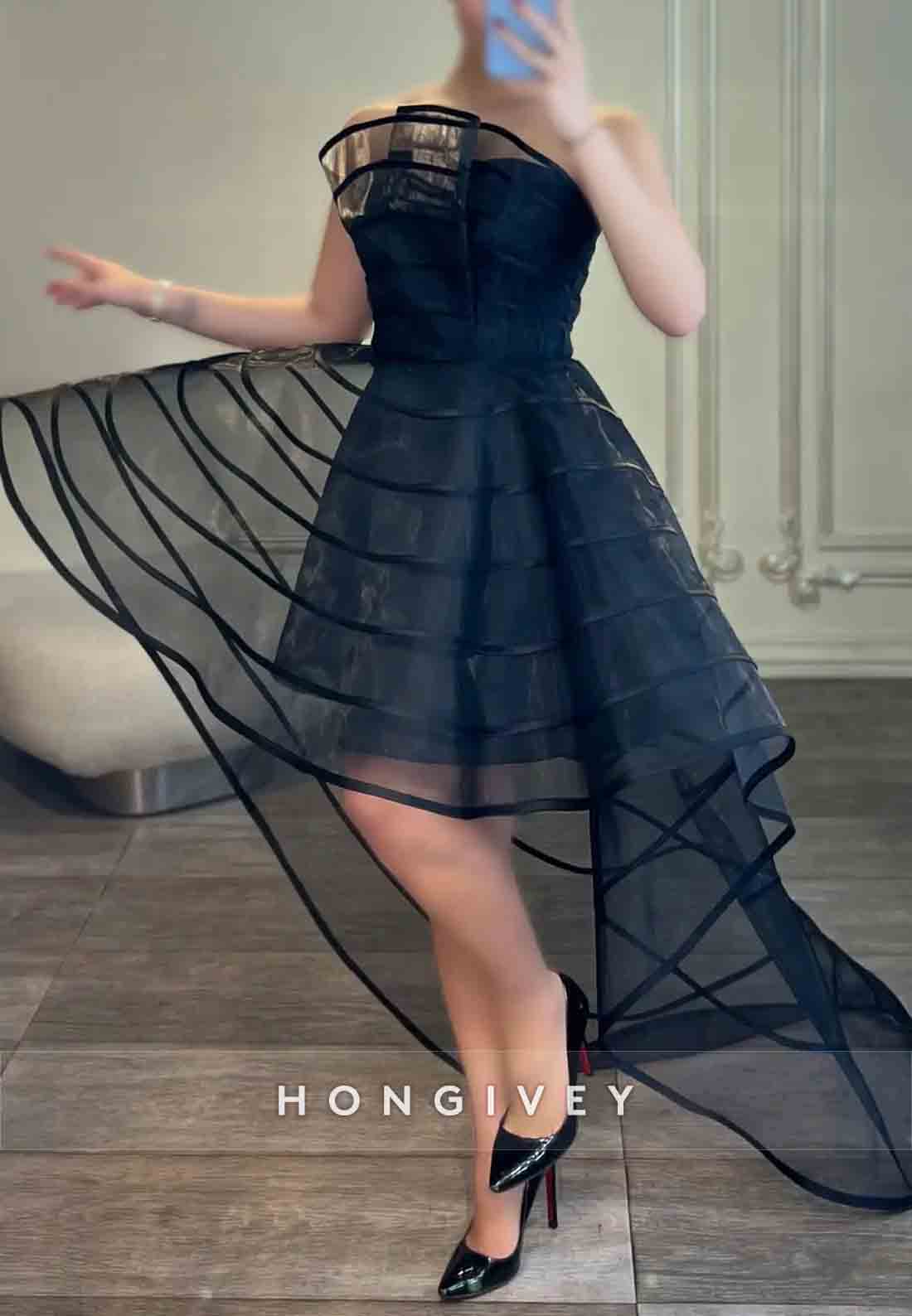 Asymmetrical Pleated Princess Strapless Organza Evening Gown