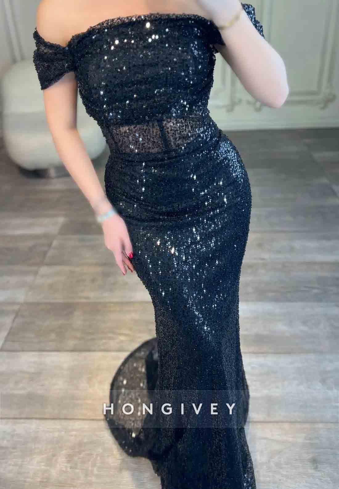 Off the Shoulder Glitter Formal Dresses Floor-Length Pleated Trumpet Evening Gown