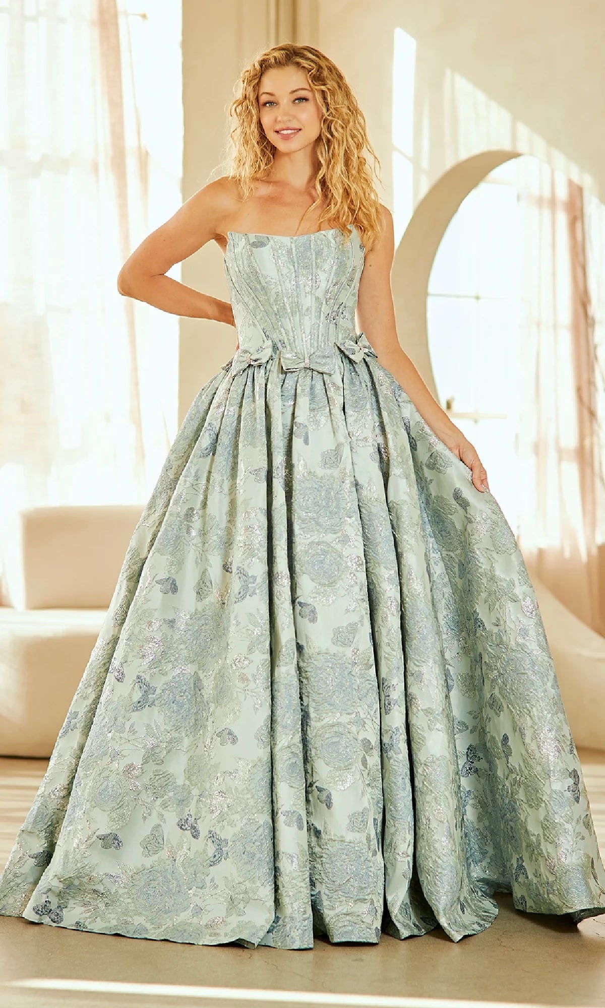Bow A-Line Strapless Flowers Floral Print Sleeveless Prom Dress Floor-Length