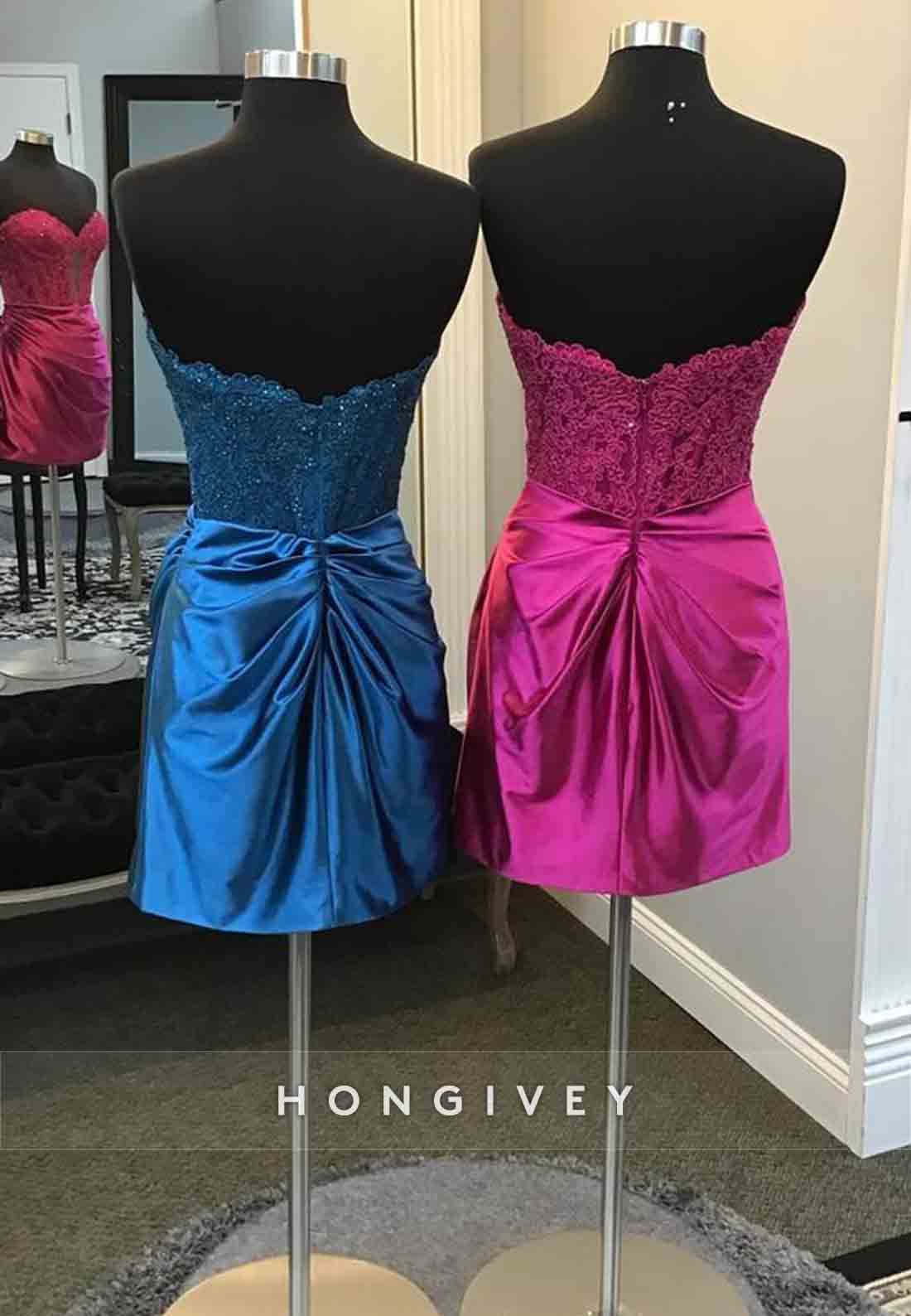 Strapless Sweetheart Sheath Pleated Appliqued Satin Mini Homecoming Dresses