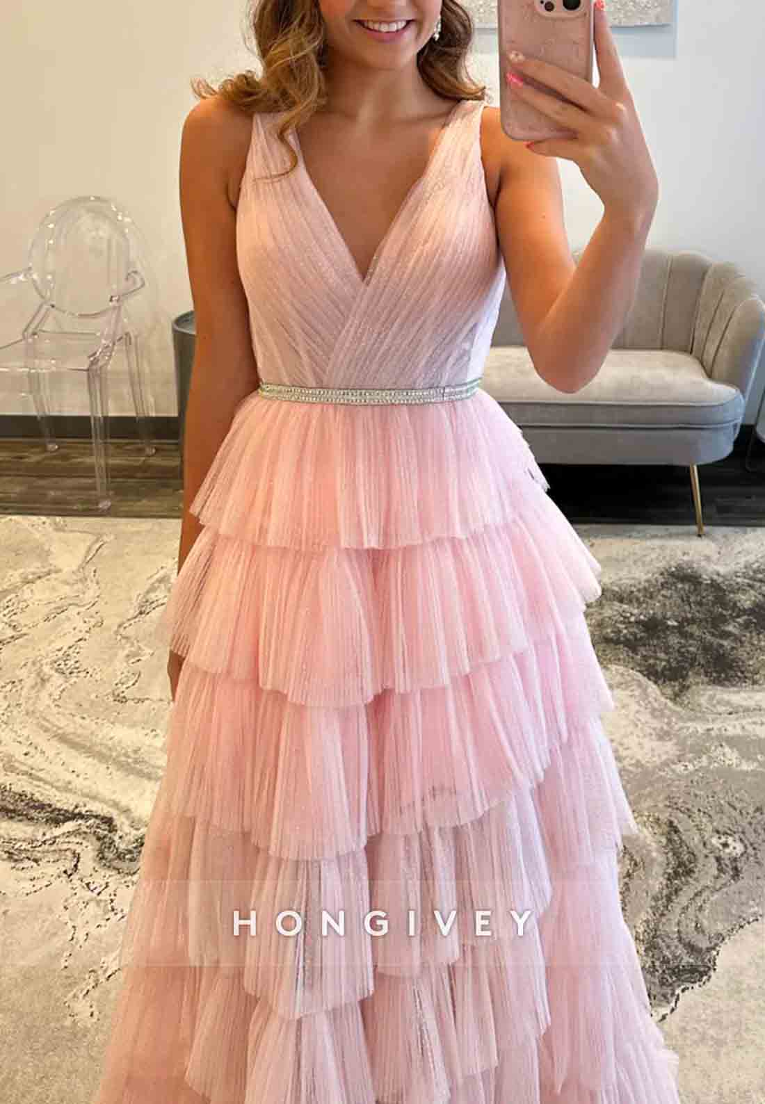 Blush V-Neck Regular Straps A-Line V Back Prom Dresses with Ruffles