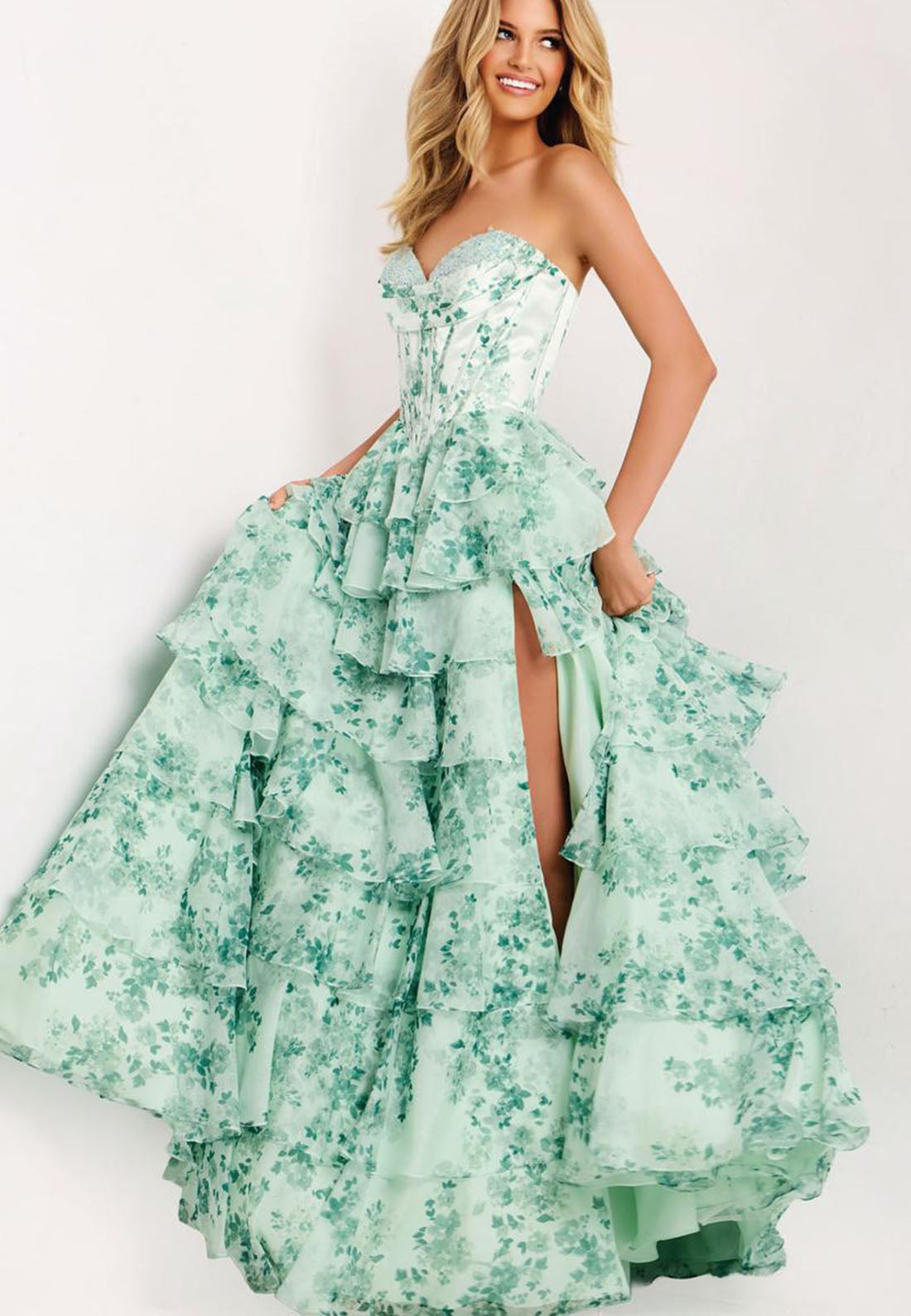Sweetheart Green Sleeveless Flowers Floral Print A-Line Tassel Prom Dress