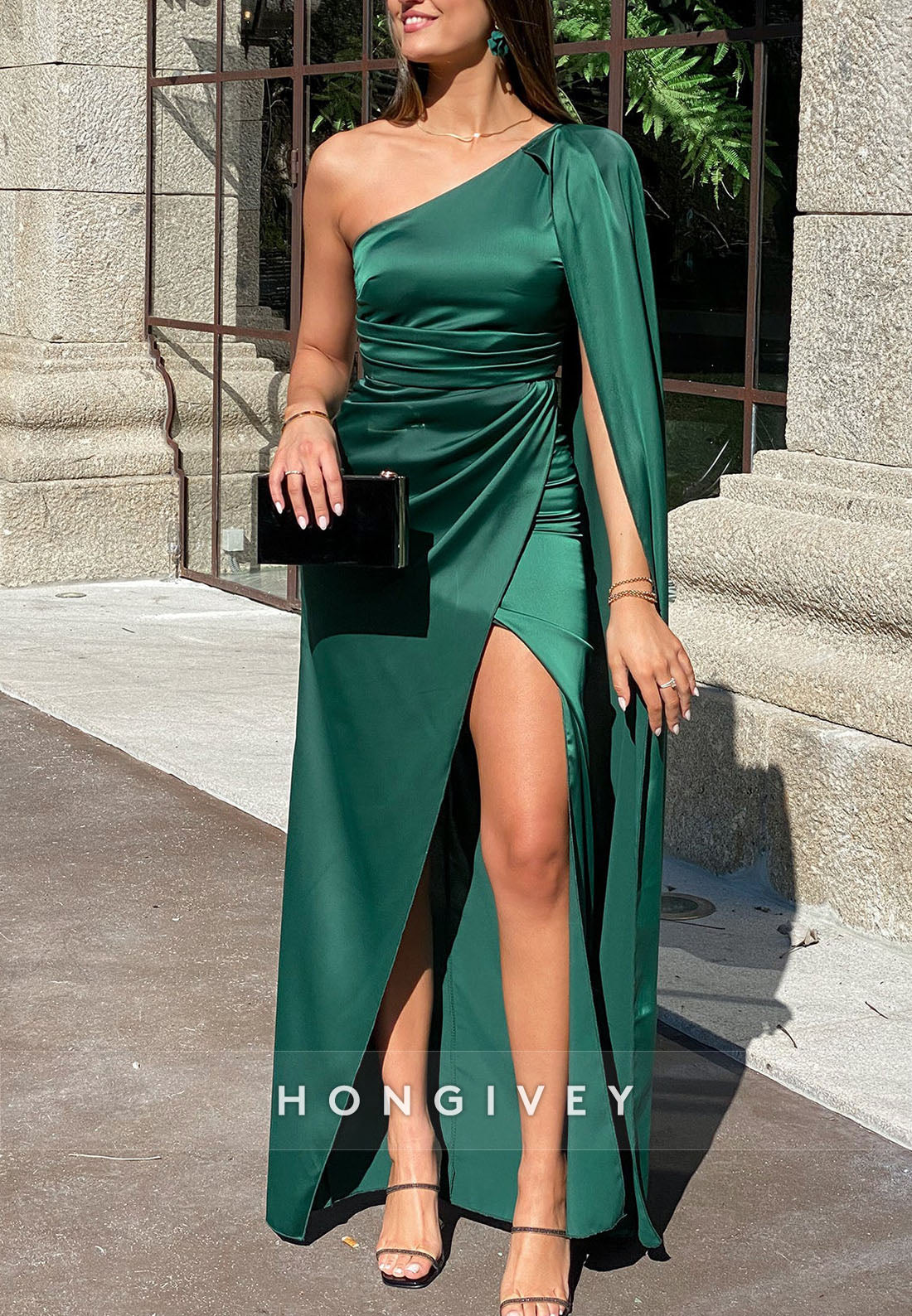 High Slit Sheath Floor-Length One Shoulder Satin Side Draping Mother of the Bride Dress