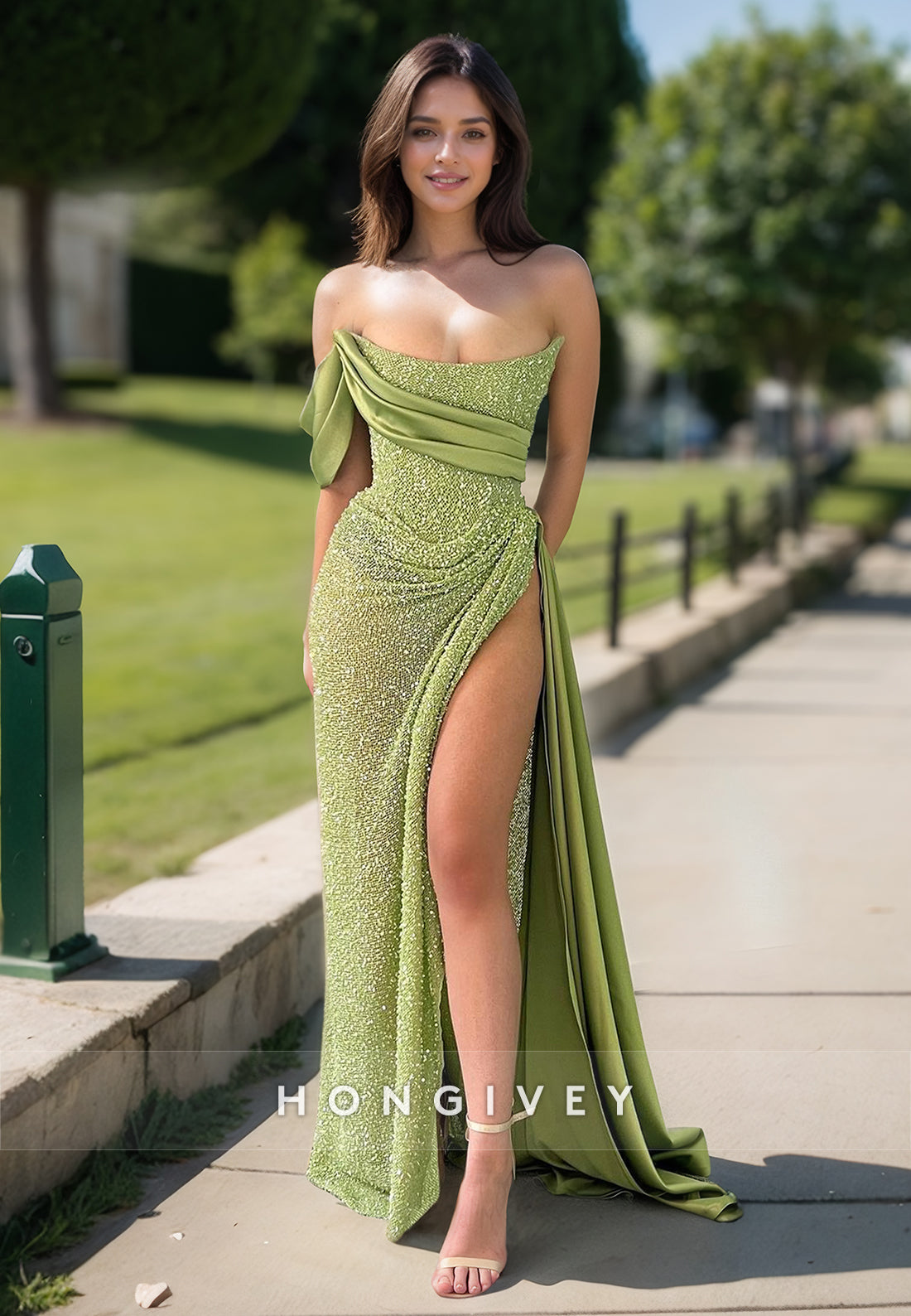 L0945 - Sheer Paneled Lace Sequins Sparkly High Slit With Train Party Evening Prom Dress