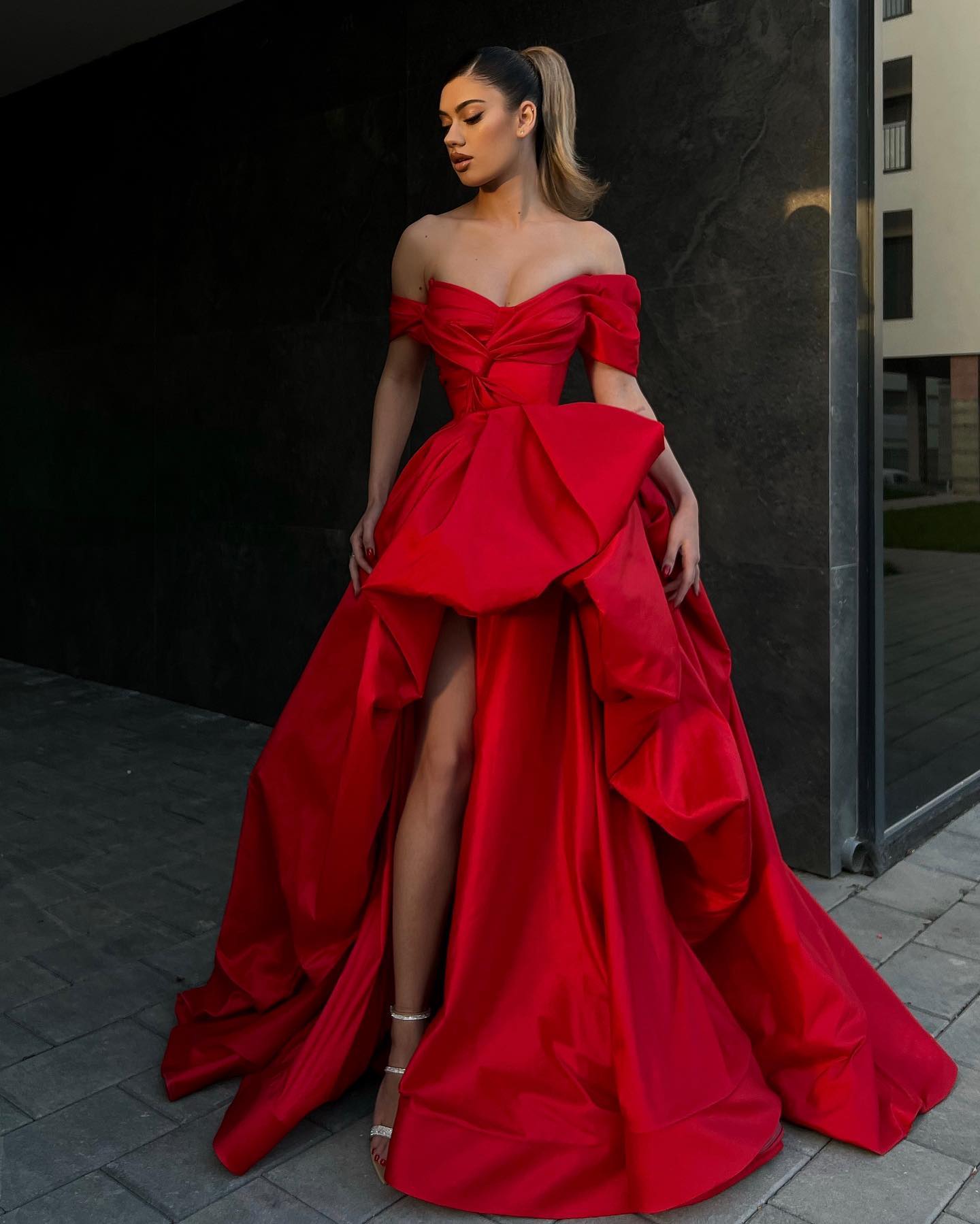 Simple Satin A-Line Off-Shoulder Empire With Side Slit Long Prom Dress Simple Satin A-Line Off-Shoulder Empire With Side Slit Long Prom Dress