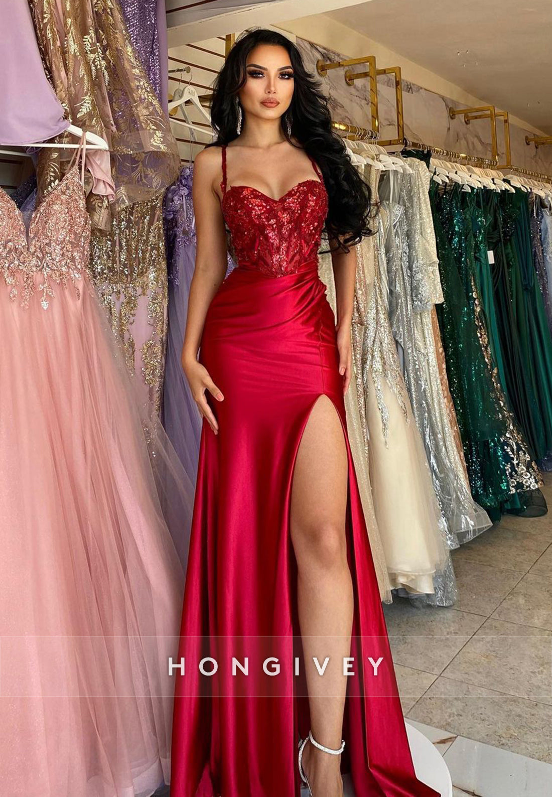 L1374 Sexy Red Sweetheart Spaghetti Straps Sequins With Side Slit Pa
