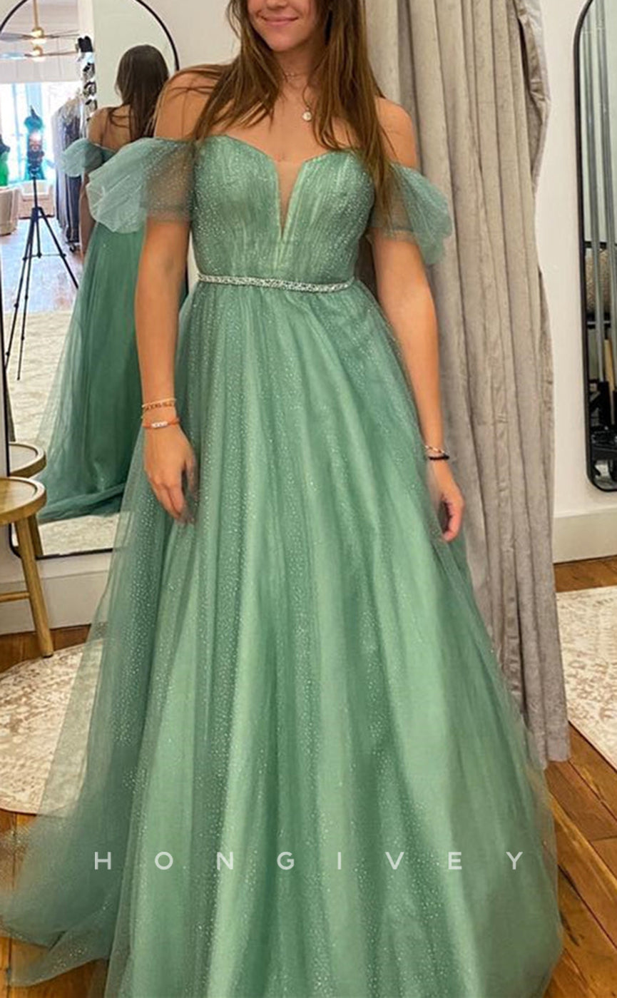 L2499 - Sexy Tulle A-Line Off-Shoulder Empire Beaded Belt With Train P L2499 - Sexy Tulle A-Line Off-Shoulder Empire Beaded Belt With Train P