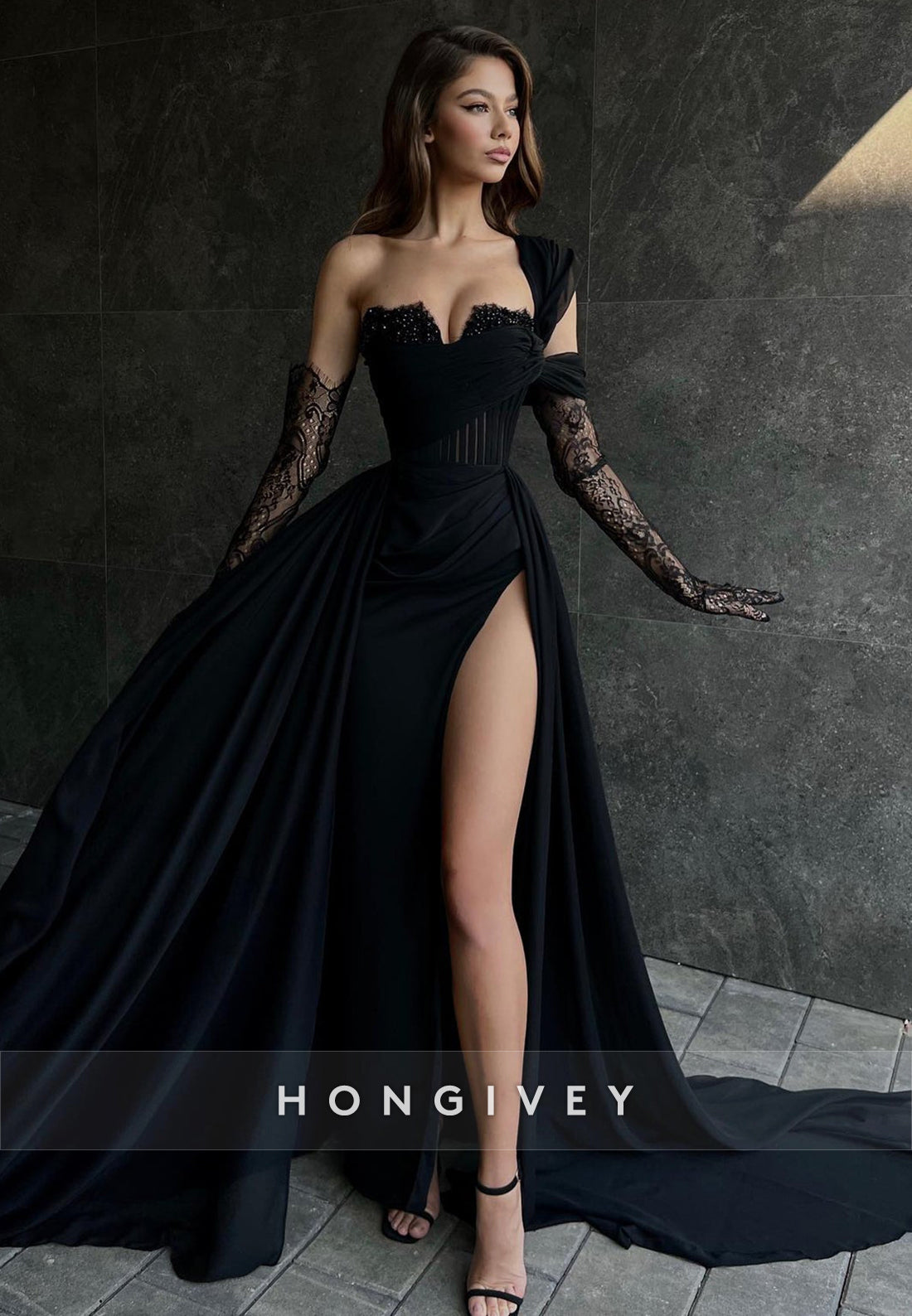 Sexy Illusion Asymmetrical Lace Sleeves With Train and High Slit Party