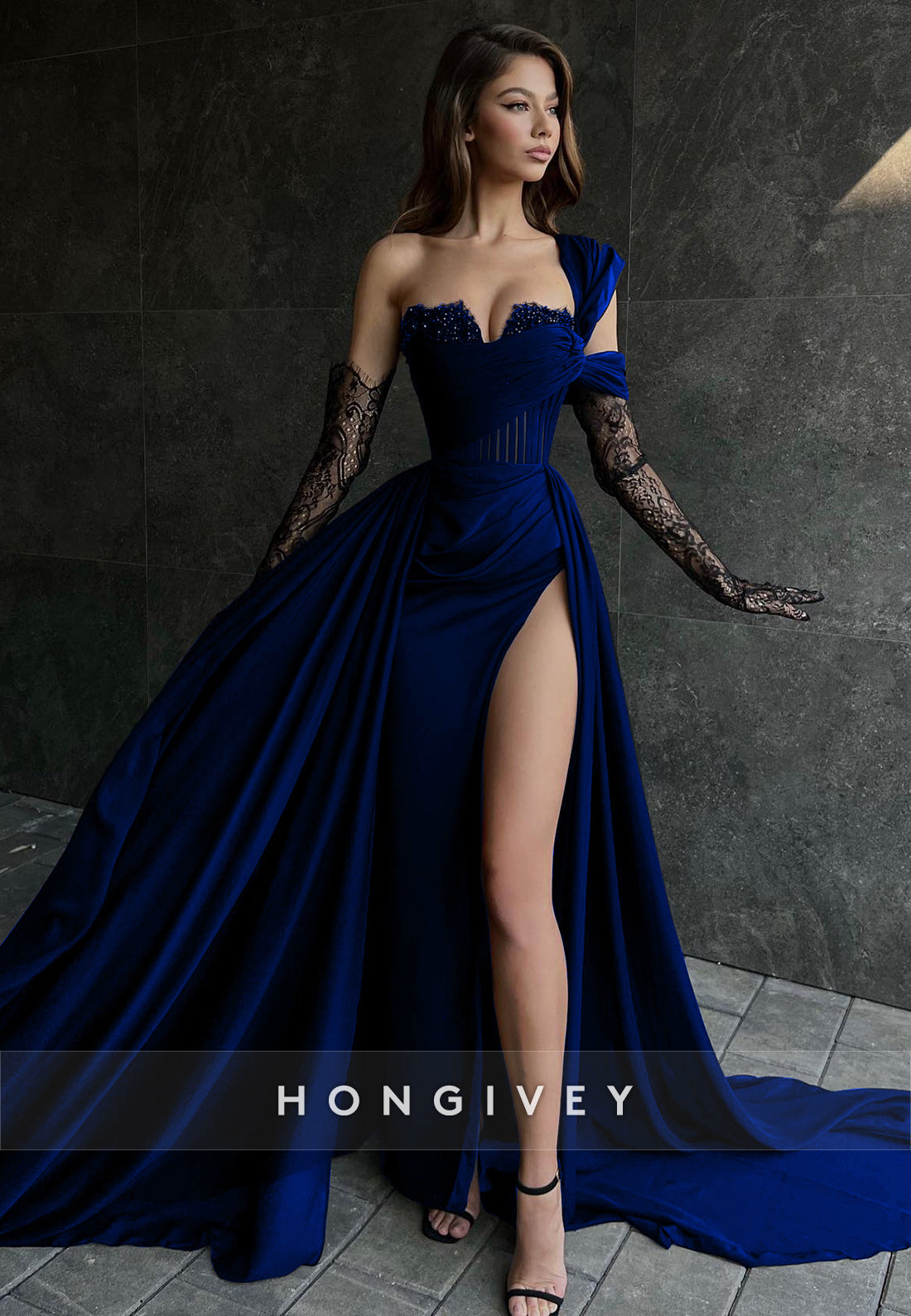 Sexy Illusion Asymmetrical Lace Sleeves With Train and High Slit Party Prom Formal Evening Dress