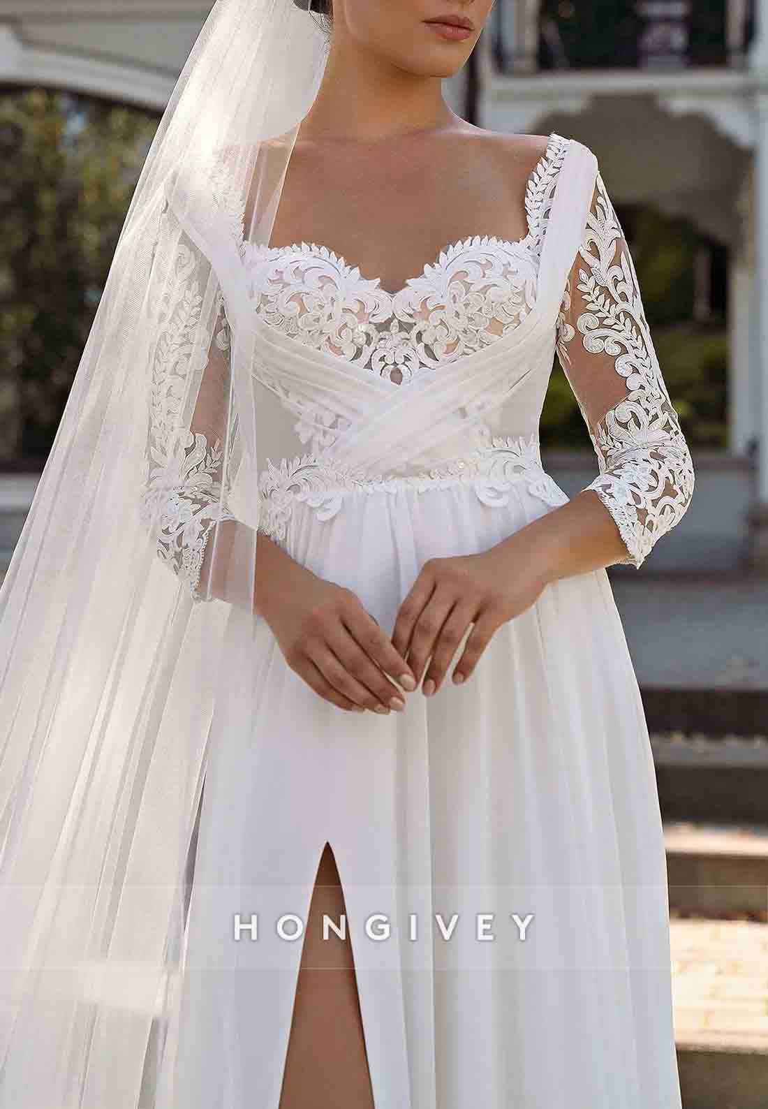 Lace Sweetheart Side Slit Bride Gowns 3/4sleeves A-Line Chiffon Wedding Dresses