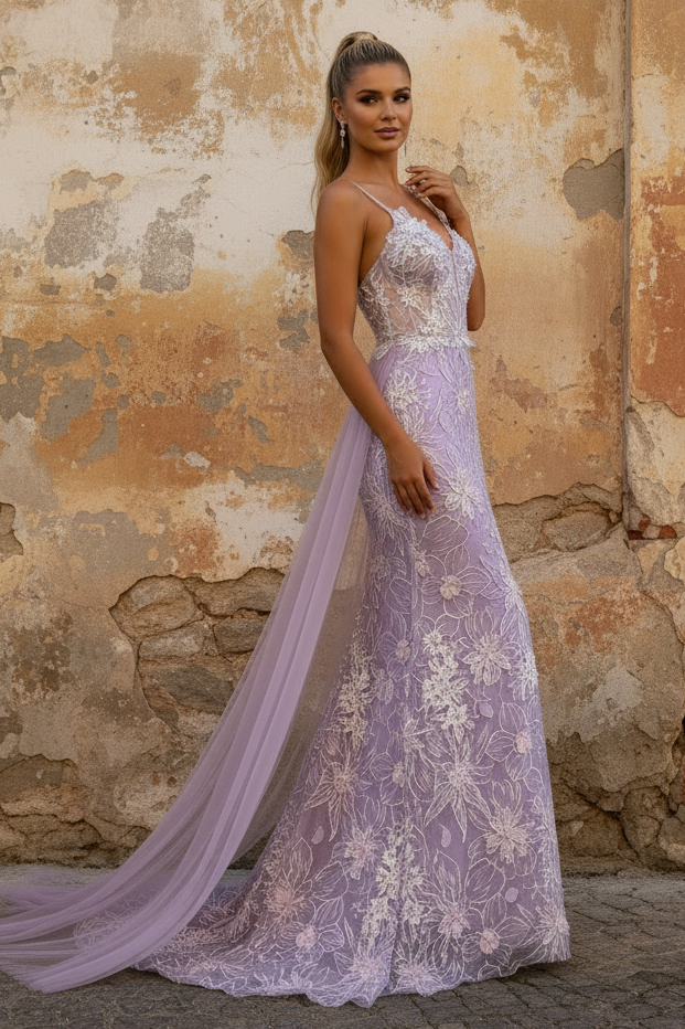 Lavender Floral Embroidered Mermaid Prom Dress with Sheer Bodice rain