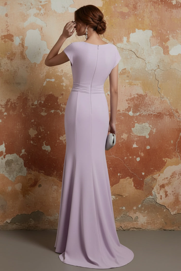 Lavender Ruched Classic Boat Neck Short Sleeve Raglan Sleeves Mermaid Evening Dress