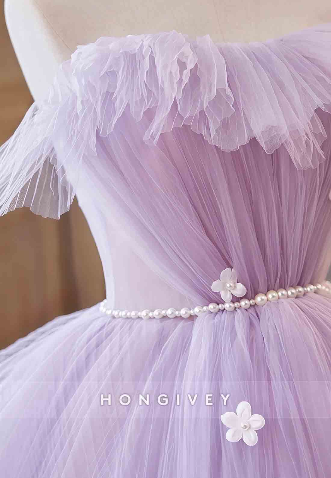 Lilac Strapless Organza Ruched Floral Ball Gowns Prom Dress with Pearls