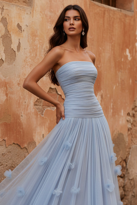 Light Blue 3D Floral Ruched Tulle Strapless Sleeveless A-Line Evening Dress