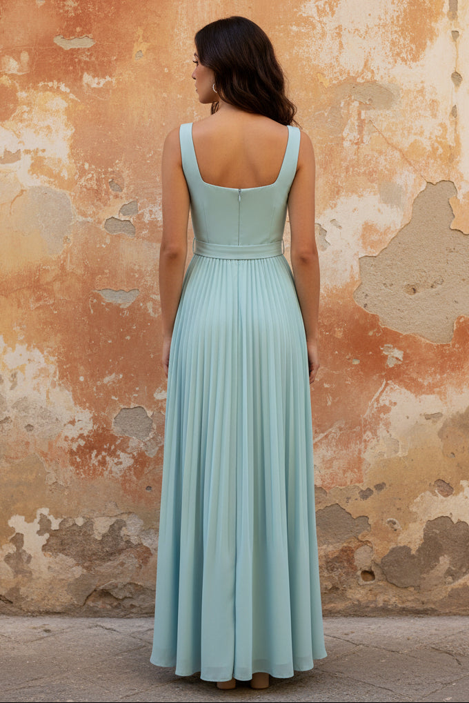 Blue Square Neck Sleeveless A-Line Bow Evening Dress