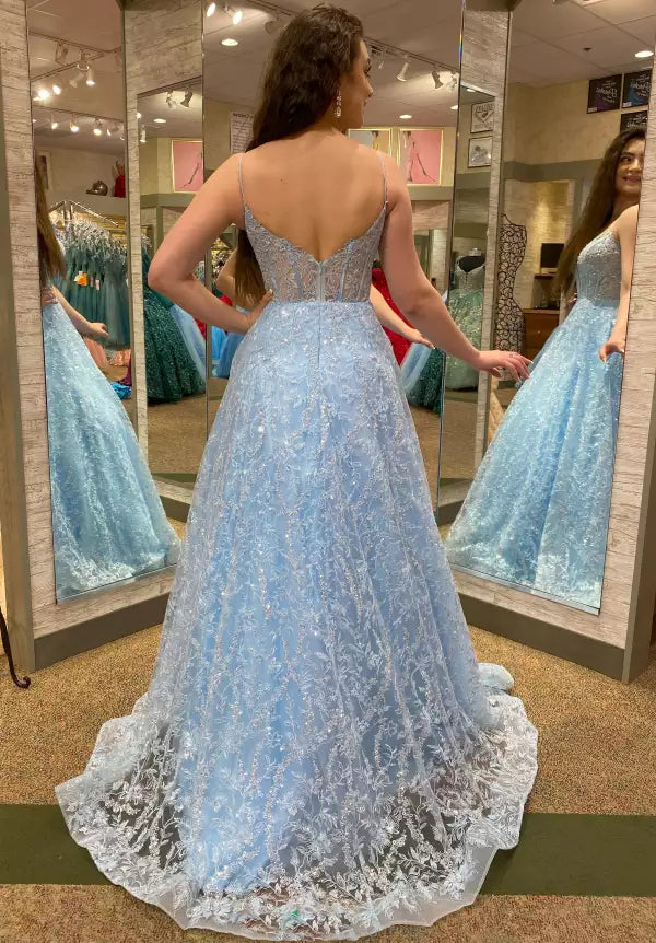 Spaghetti Straps Blie A-Line Applique Sparkle Lace Floor-Length Prom Dress