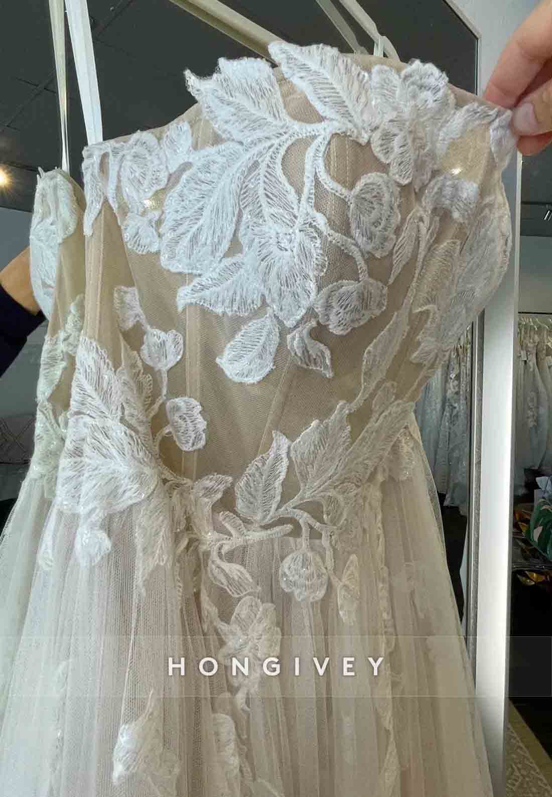 Strapless A-Line Tulle Sweep Train Appliqued Sleeveless Wedding Dresses