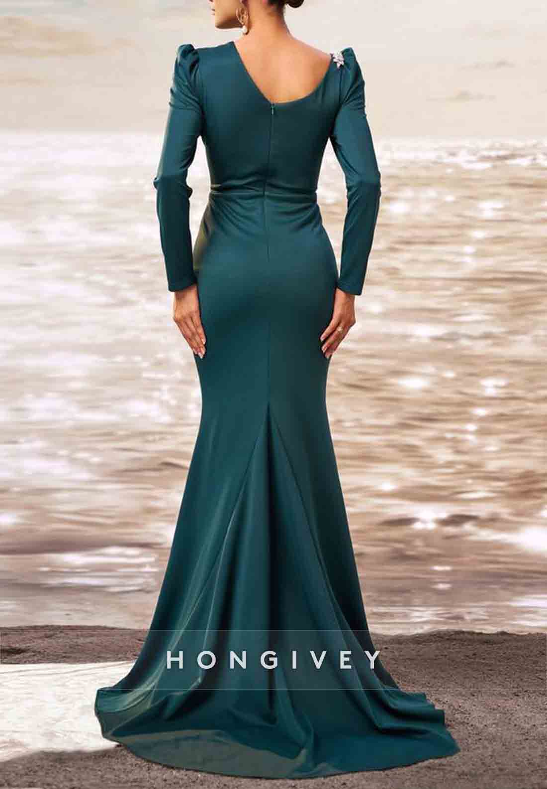 High Slit Pleated Floor-Length Asymmetrical Neck Long Sleeve Mermaid Evening Gown
