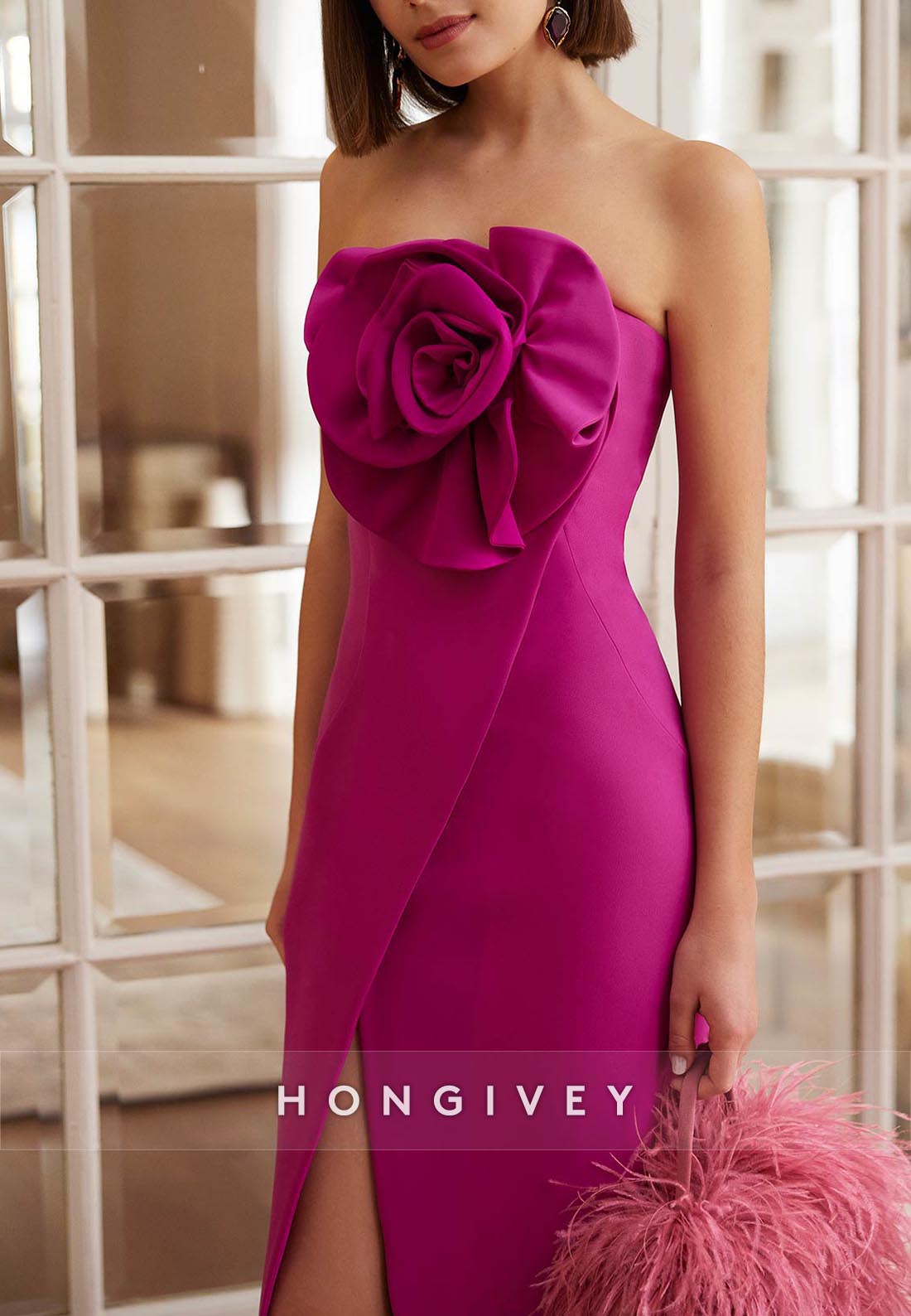 Side Slit Evening Gown Flower Pleated Mother of Bride Sheath Off the Shoulder Floor-Length