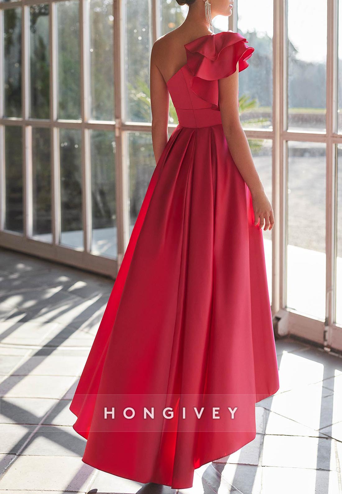 Princess Asymmetrical One Shoulder Satin Pleated Shoulder Flower Evening Gowns