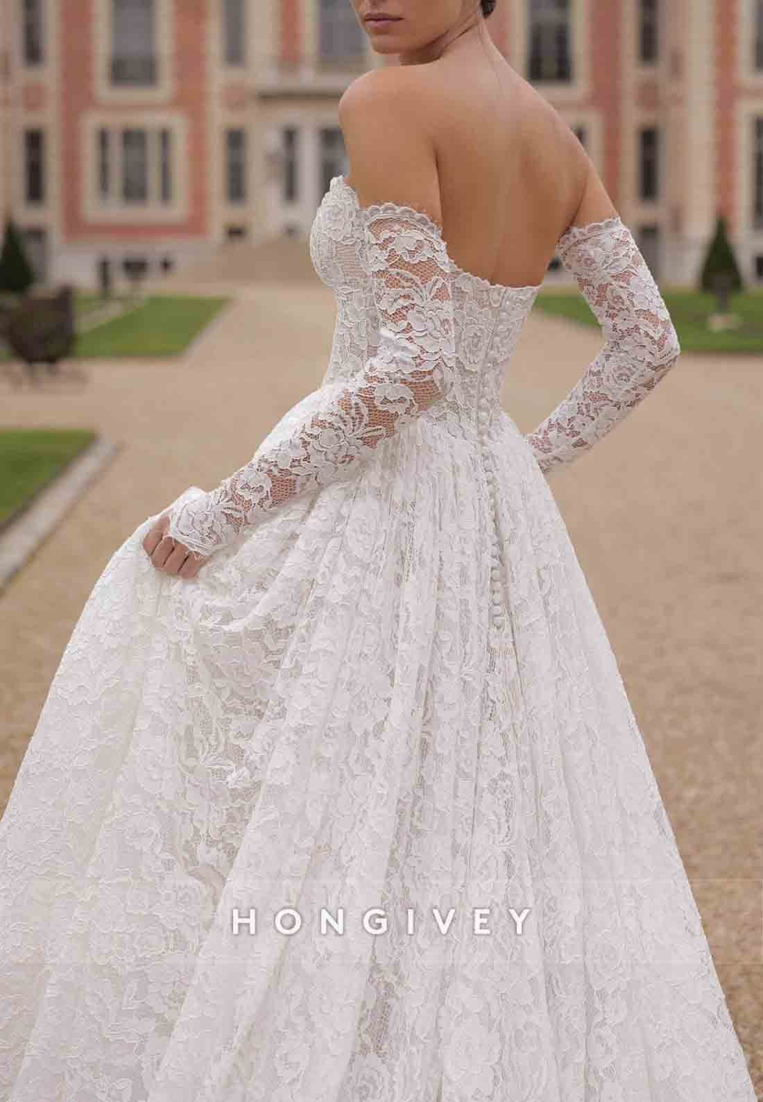 Strapless A-Line Covered Button Bridal Gown Lace Court Train Wedding Dresses