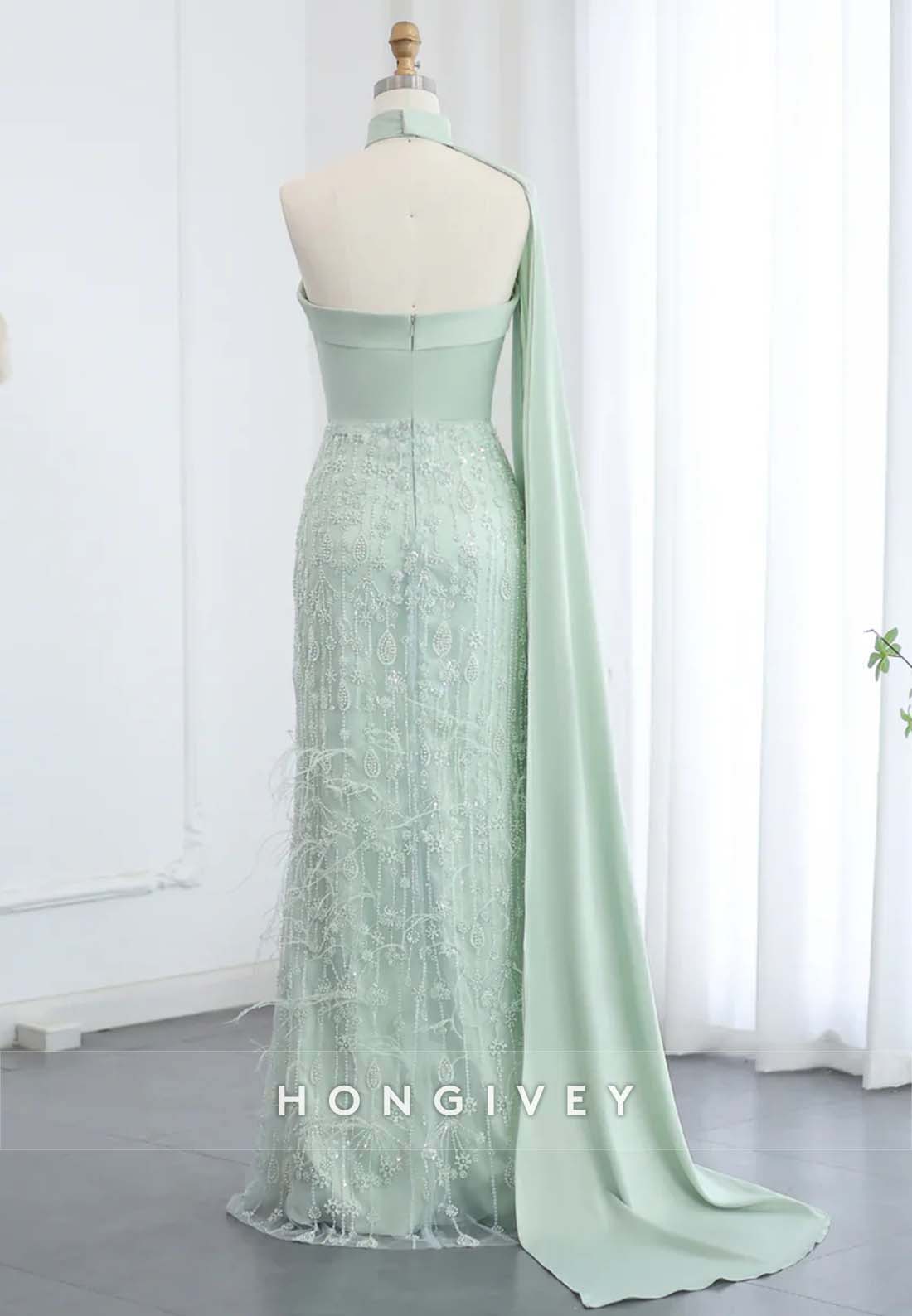 Column Floor-Length Strapless Halter Pleated Side Draping Feather Evening Gown