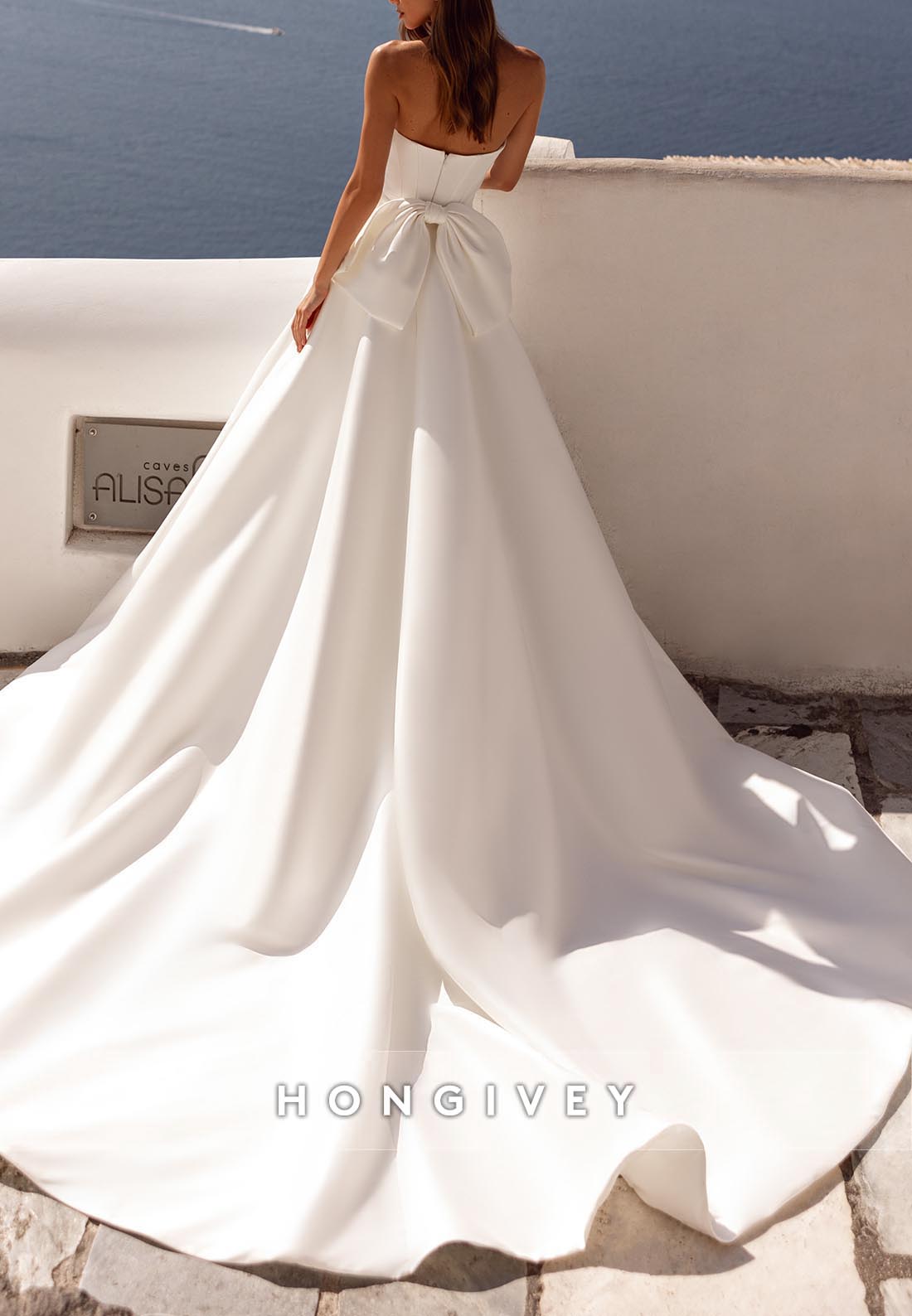 Bowknot Low Back Sleeveless Satin High Slit Asymmetrical Sheath Beach Wedding Dresses