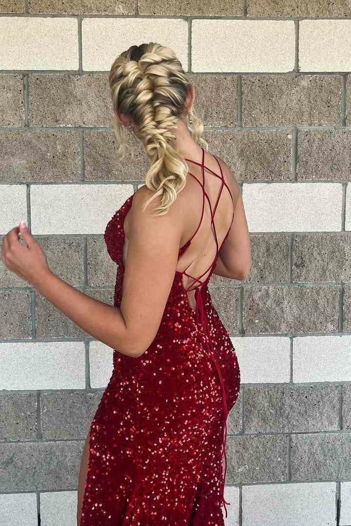Burgundy Sparkling Sequin V-Neck Mermaid Prom Gown with Side Slit