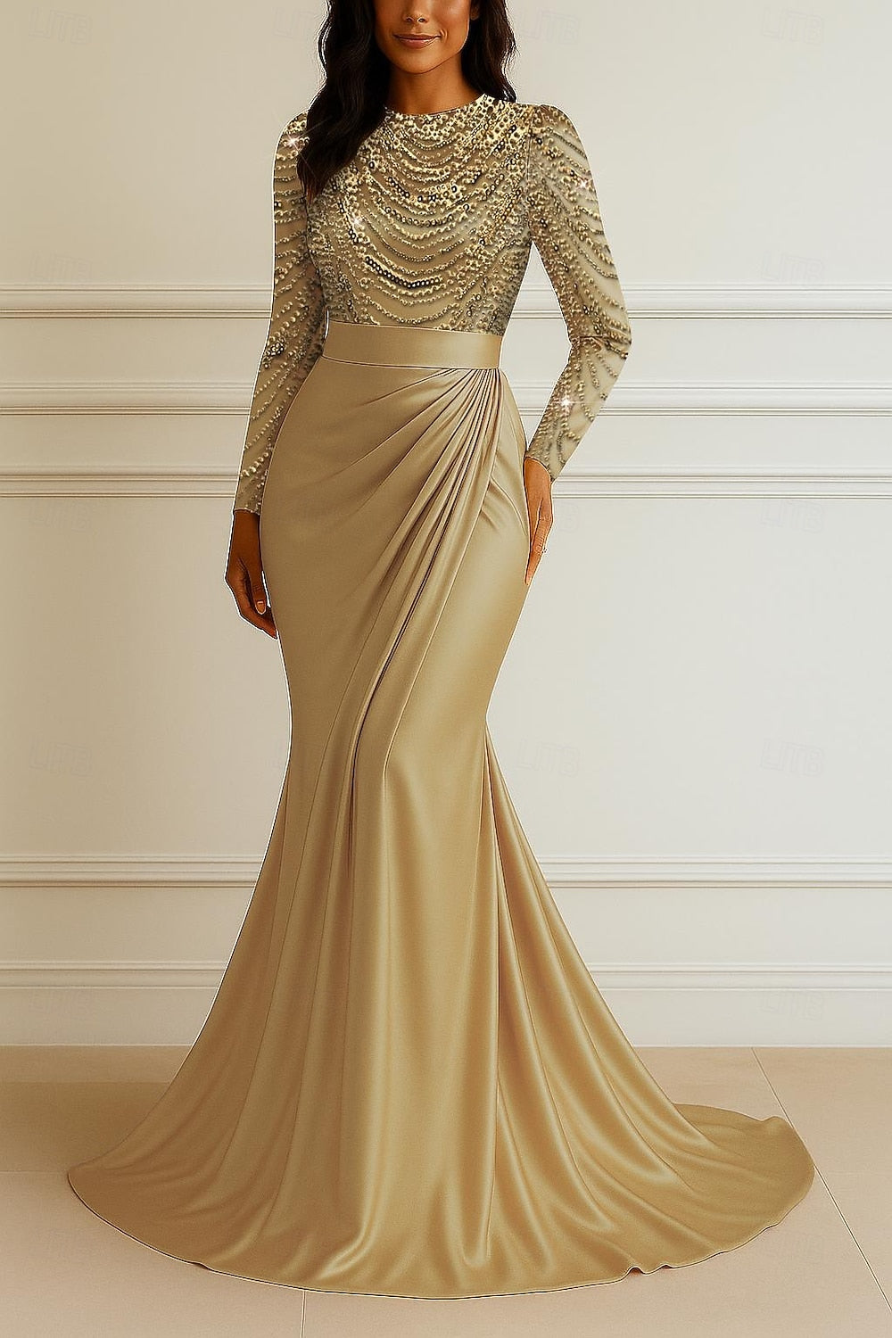 Long Sleeves Sweep Train Trumpet Satin Evening Gown with Beading