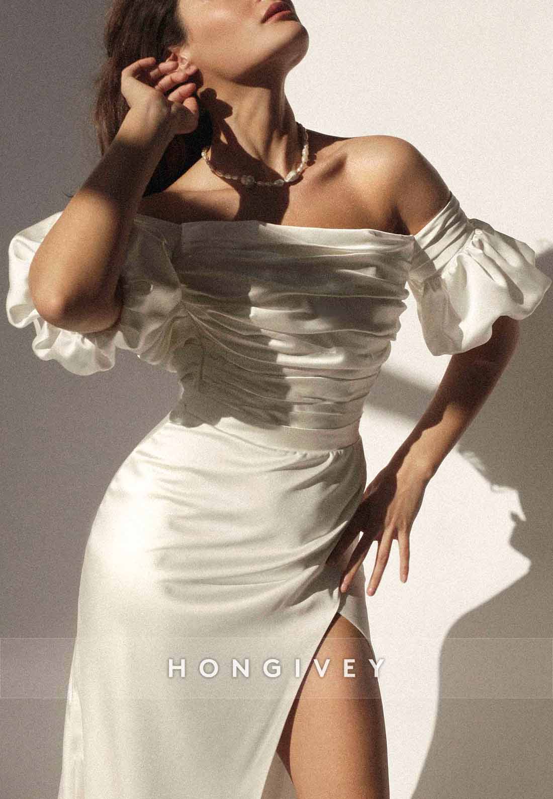 Long Sleeves High Slit Satin Off the Shoulder Floor-Length Sheath Wedding Dresses