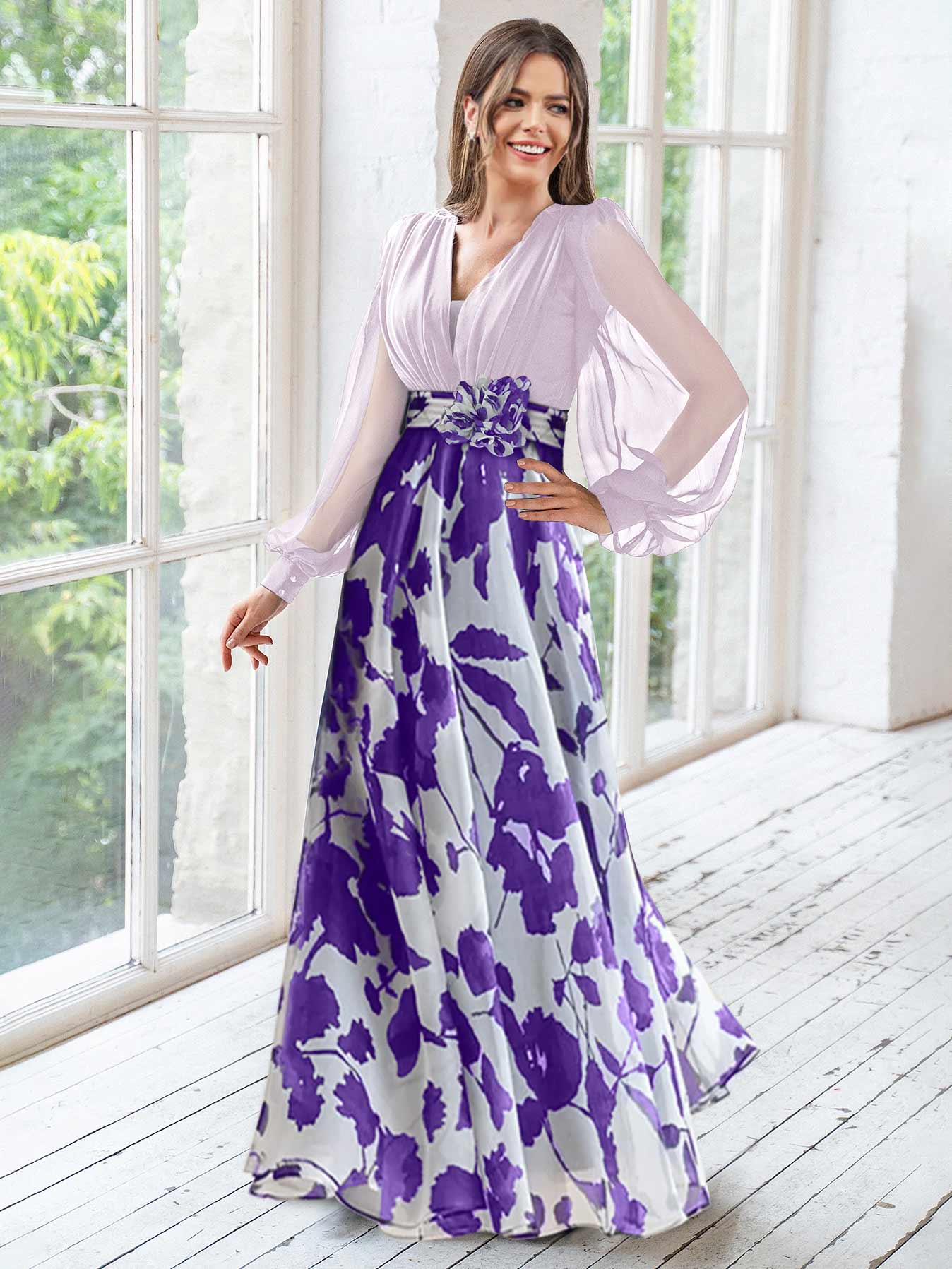V-Neck Long Sleeves Floor Length Floral Mother of the Bride Dresses With Flower