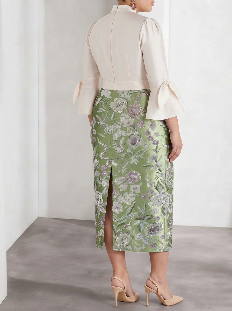 Sheath/Column V-Neck Satin Plus Size Mother of the Bride Dresses 3/4 Sleeves Shirt Collar Tea-Length Cocktail Dresses