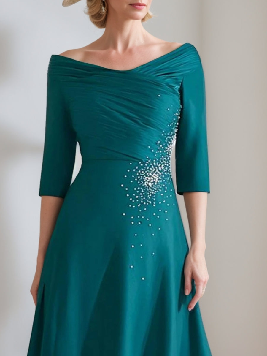 Off-the-Shoulder Satin Mother of the Bride Dresses Beading Ruched 3/4 Sleeves Tea-Length Cocktail Dress