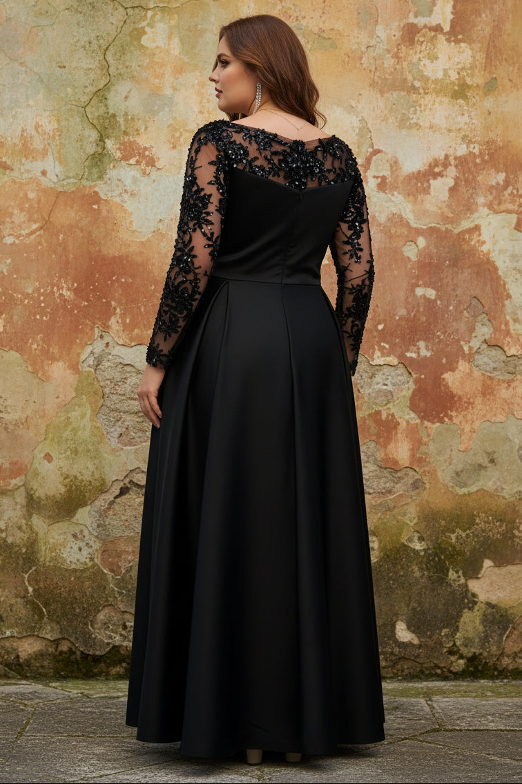 Satin Scoop Plus Size Mother of the Bride Dresses Lace Ruched Long Sleeves Ankle-Length