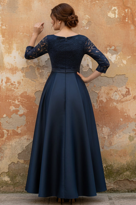 V-Neck Satin Plus Size Mother of the Bride Dresses Lace 3/4 Sleeves Ankle-Length Bow
