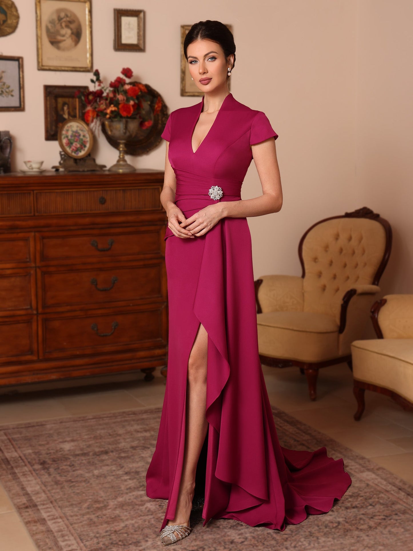 V-Neck Stretch Satin Mother of the Bride Dresses Floor-Length Sweep Train Cap Sleeves Ruffles