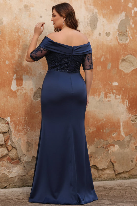Off-the-Shoulder Satin Plus Size Mother of the Bride Dresses Lace Half Sleeves Floor-Length with Split Side