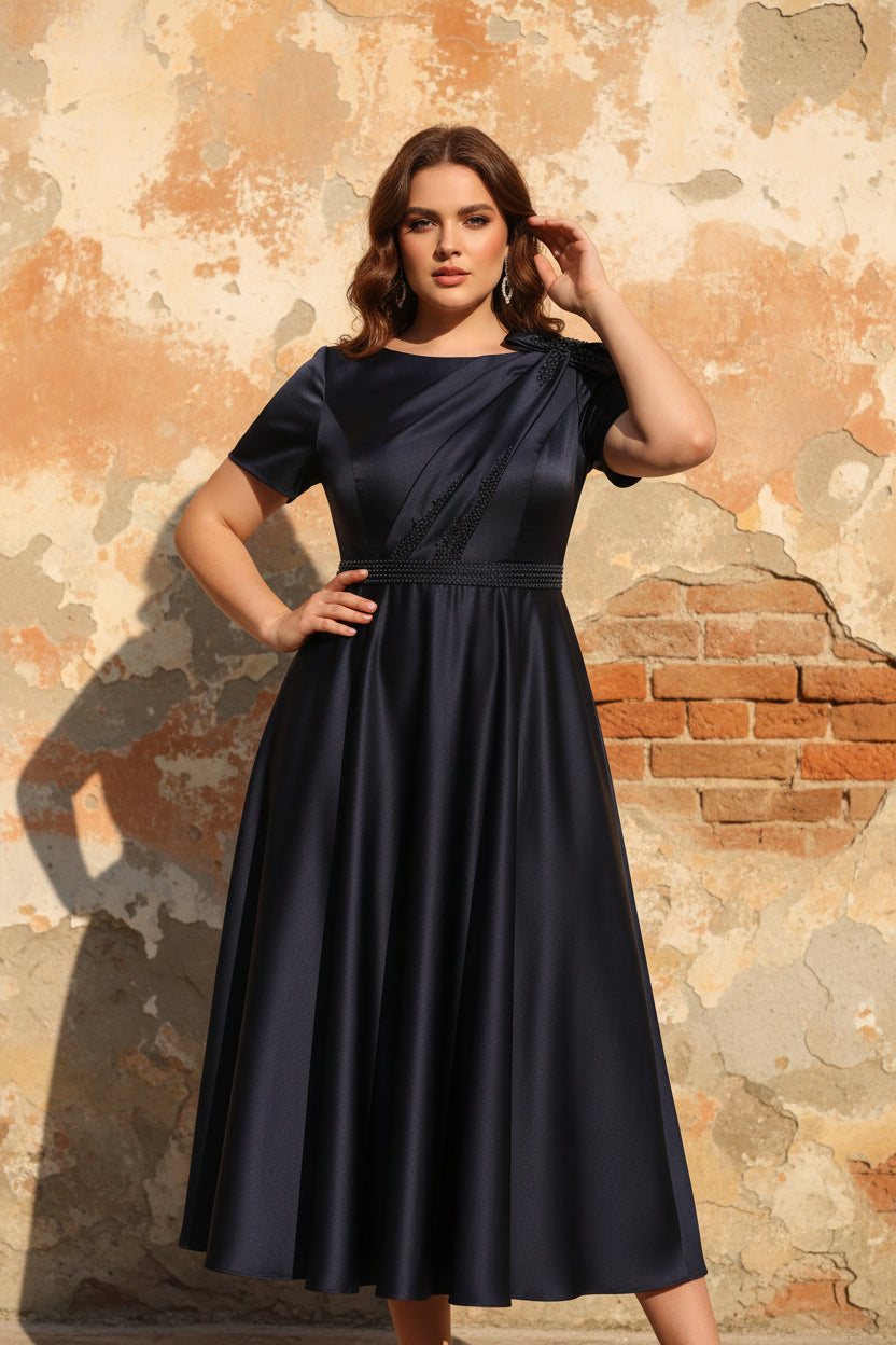 Scoop Satin Plus Size Mother of the Bride Dresses Tea-Length Short Sleeves Beading Bowknot