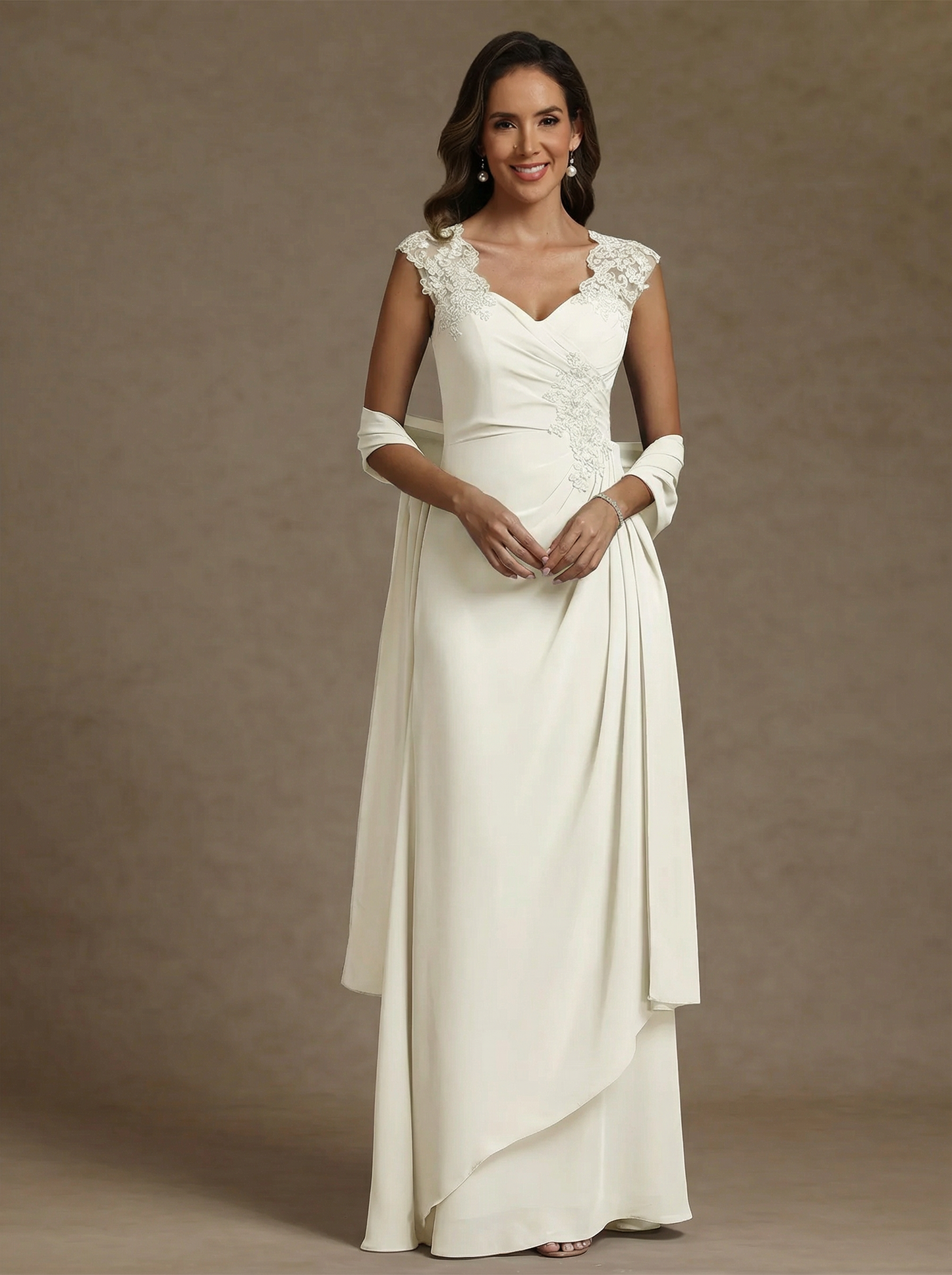 V-Neck Chiffon Mother of the Bride Dresses with Wrap Floor-Length Lace Ruched Ruffles Sleeveless
